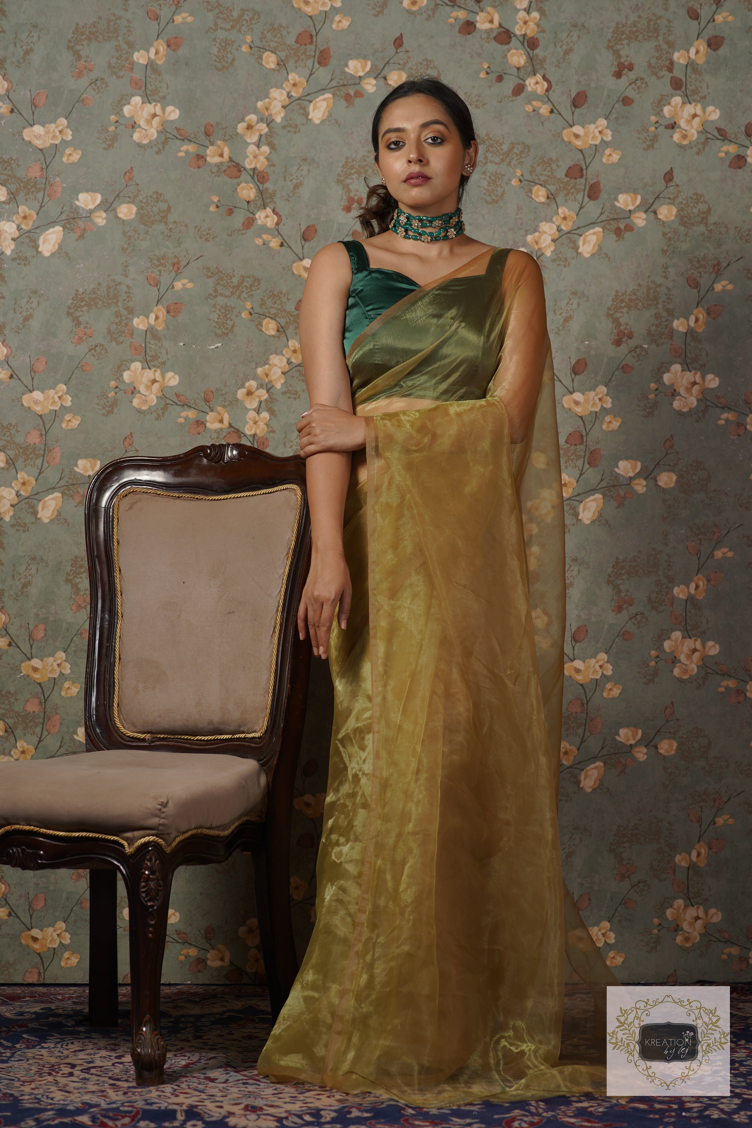 Pista Green Glass Tissue Saree kreationbykj