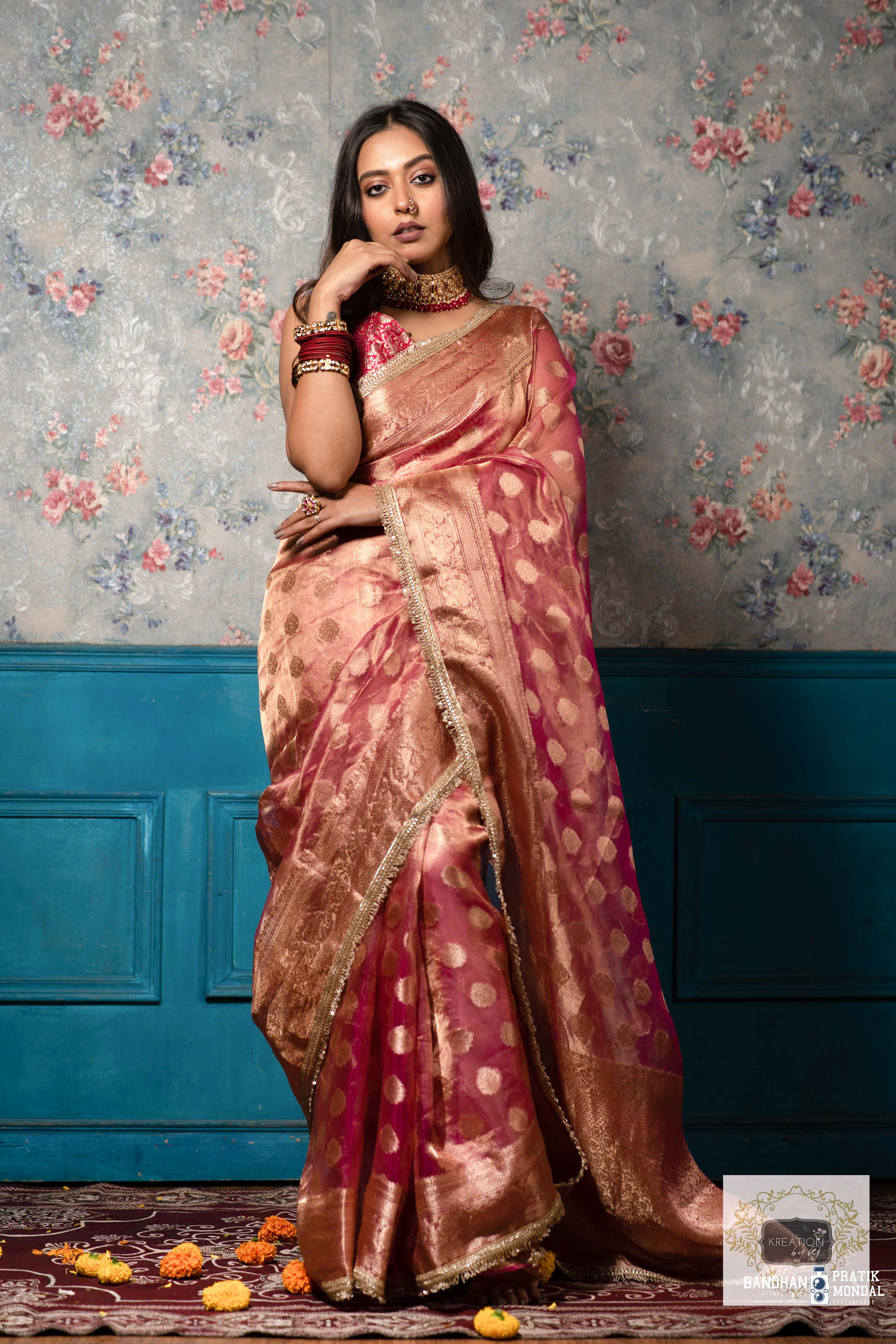 Pink Pure Tissue Zari work Saree kreationbykj