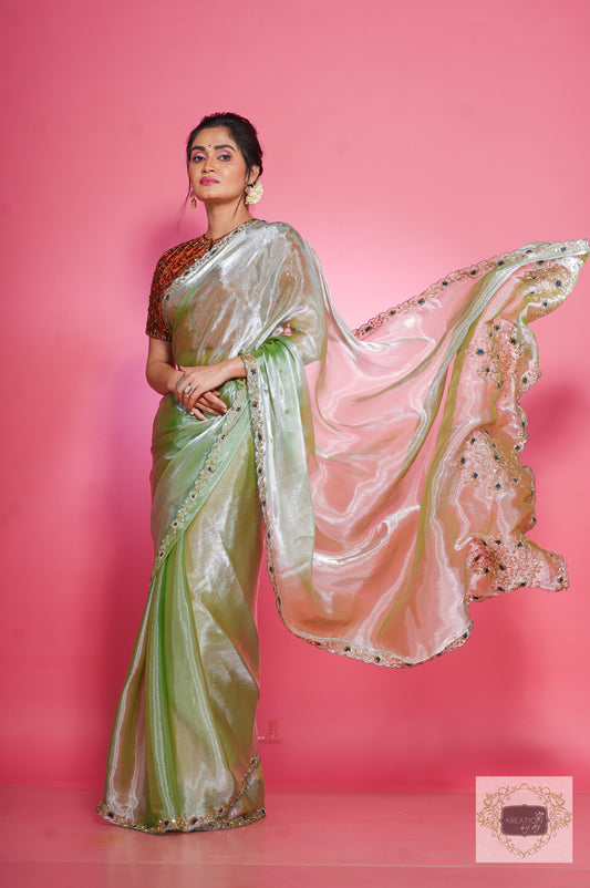 Absinthe Glass Organza Saree with Handembroidery