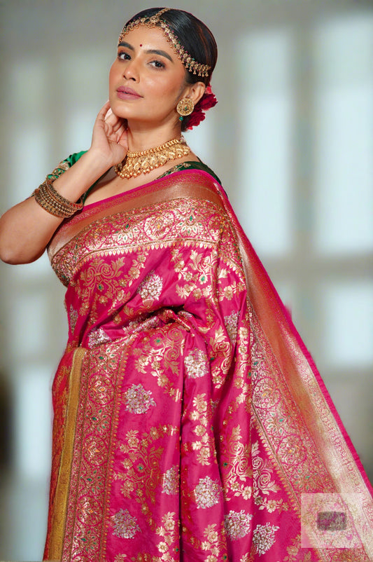 Pink Kataan Silk Banarasi Saree with Handembroidery