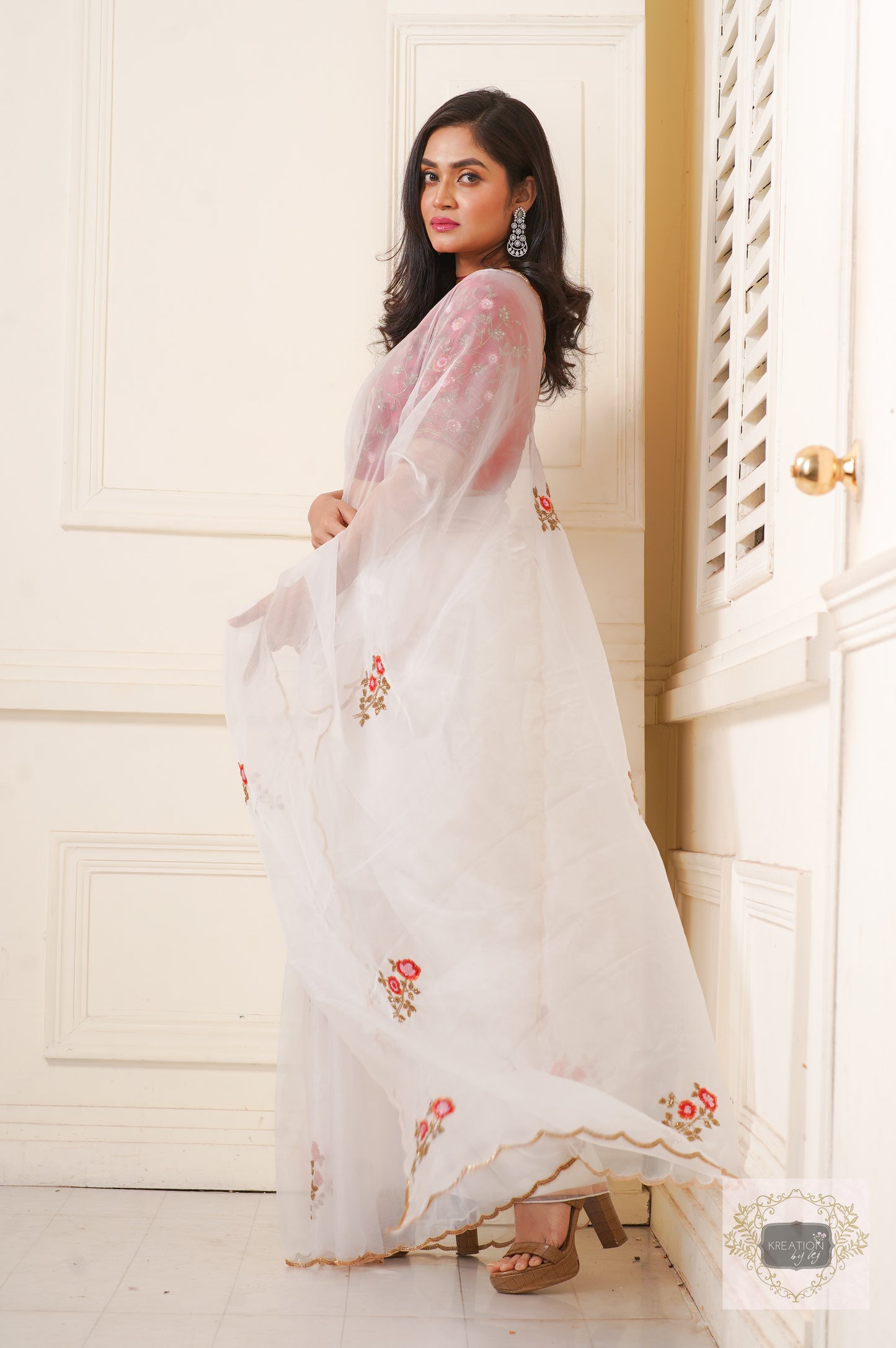 White Organza Remember The Roses Saree