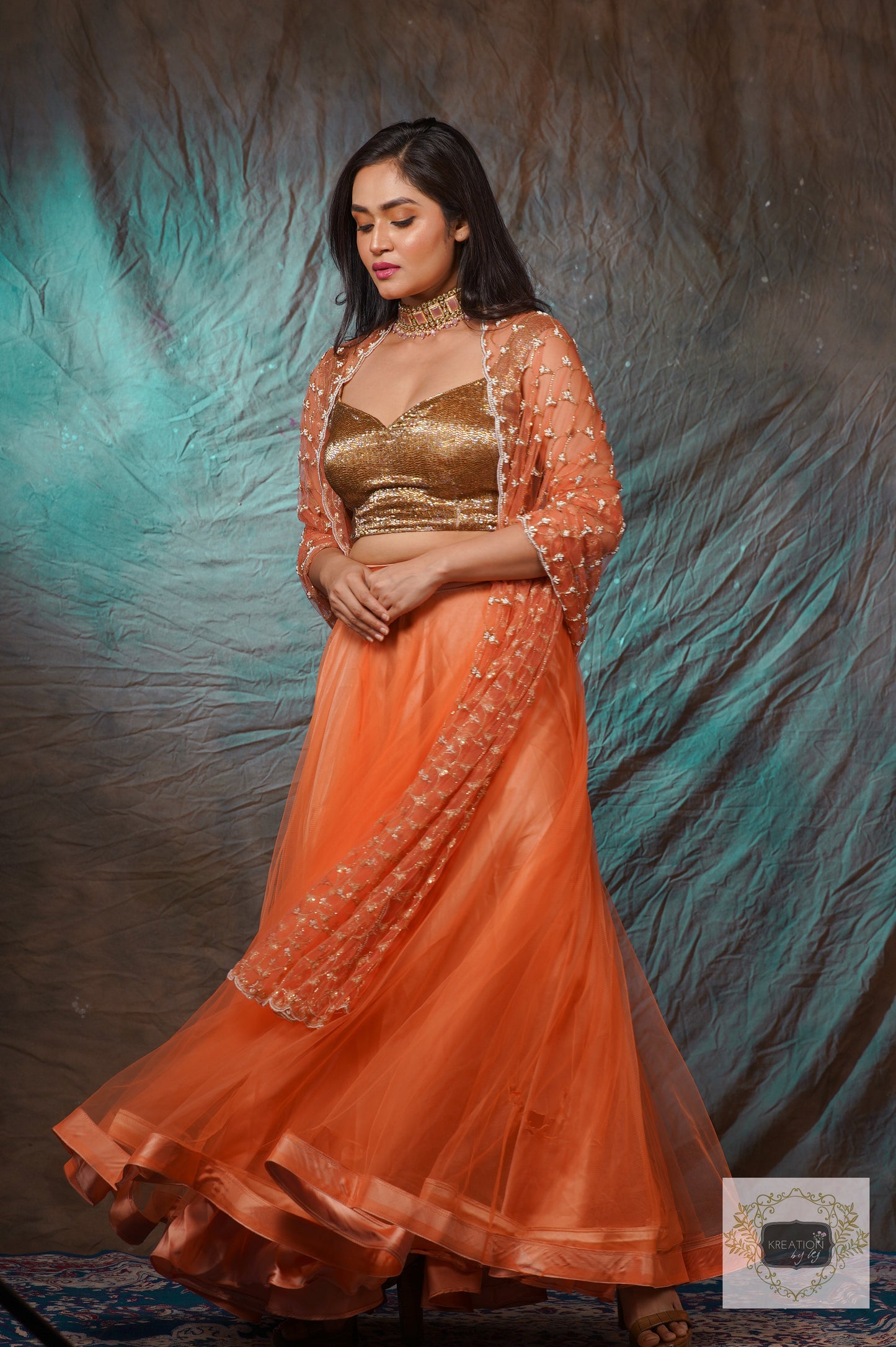 Coral Handembroidered Double Flared Lehenga Set