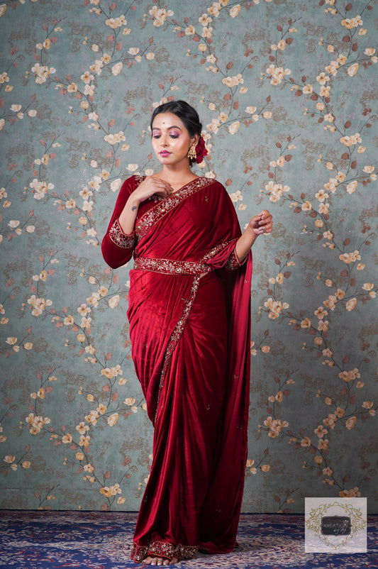 Lavanya The Label Ready Made Embellished Ruffle Velvet Saree - Absolutely  Desi