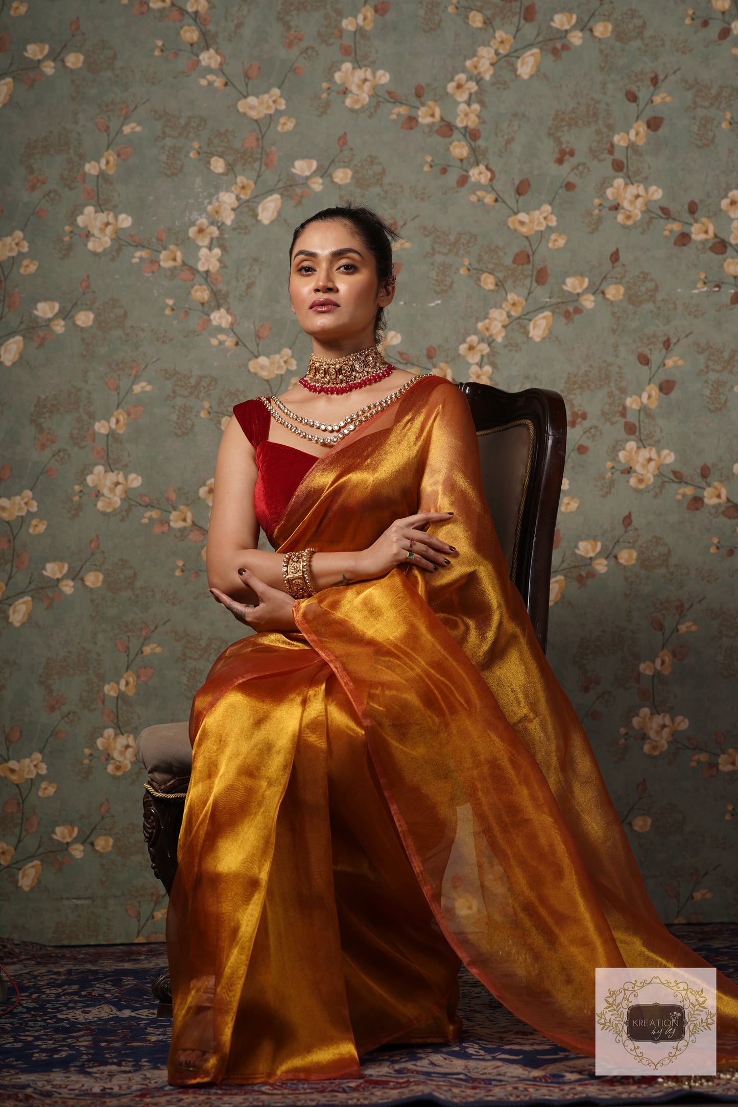 Golden Zari Tissue Saree With Handmade Tassels On Pallu