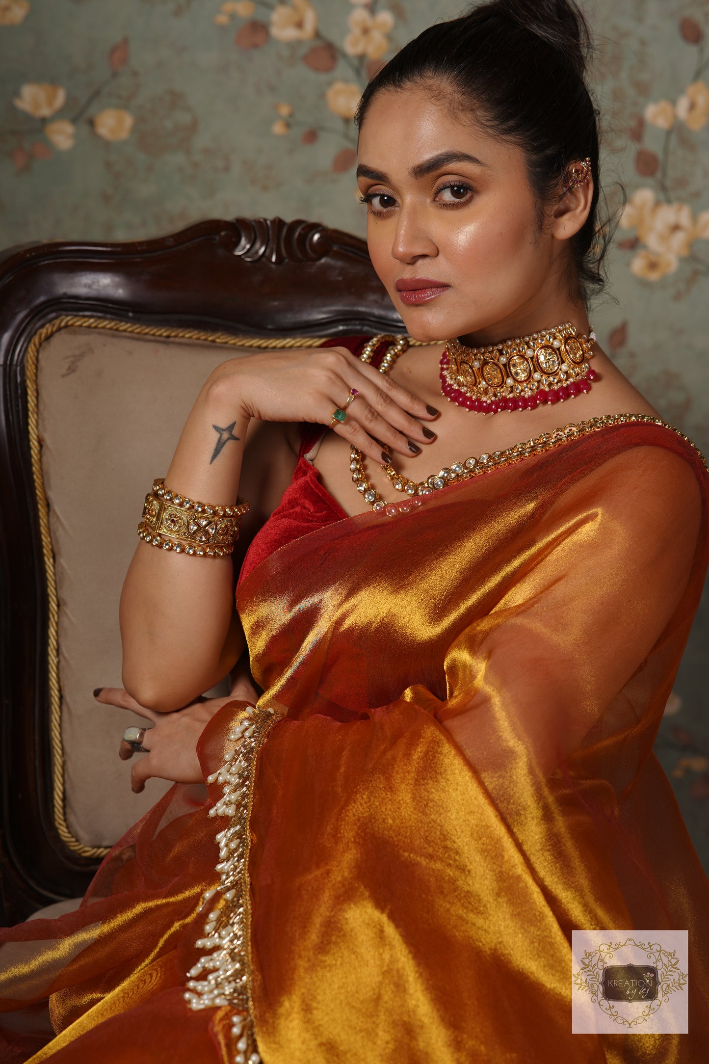 Golden Zari Tissue Saree With Handmade Tassels On Pallu