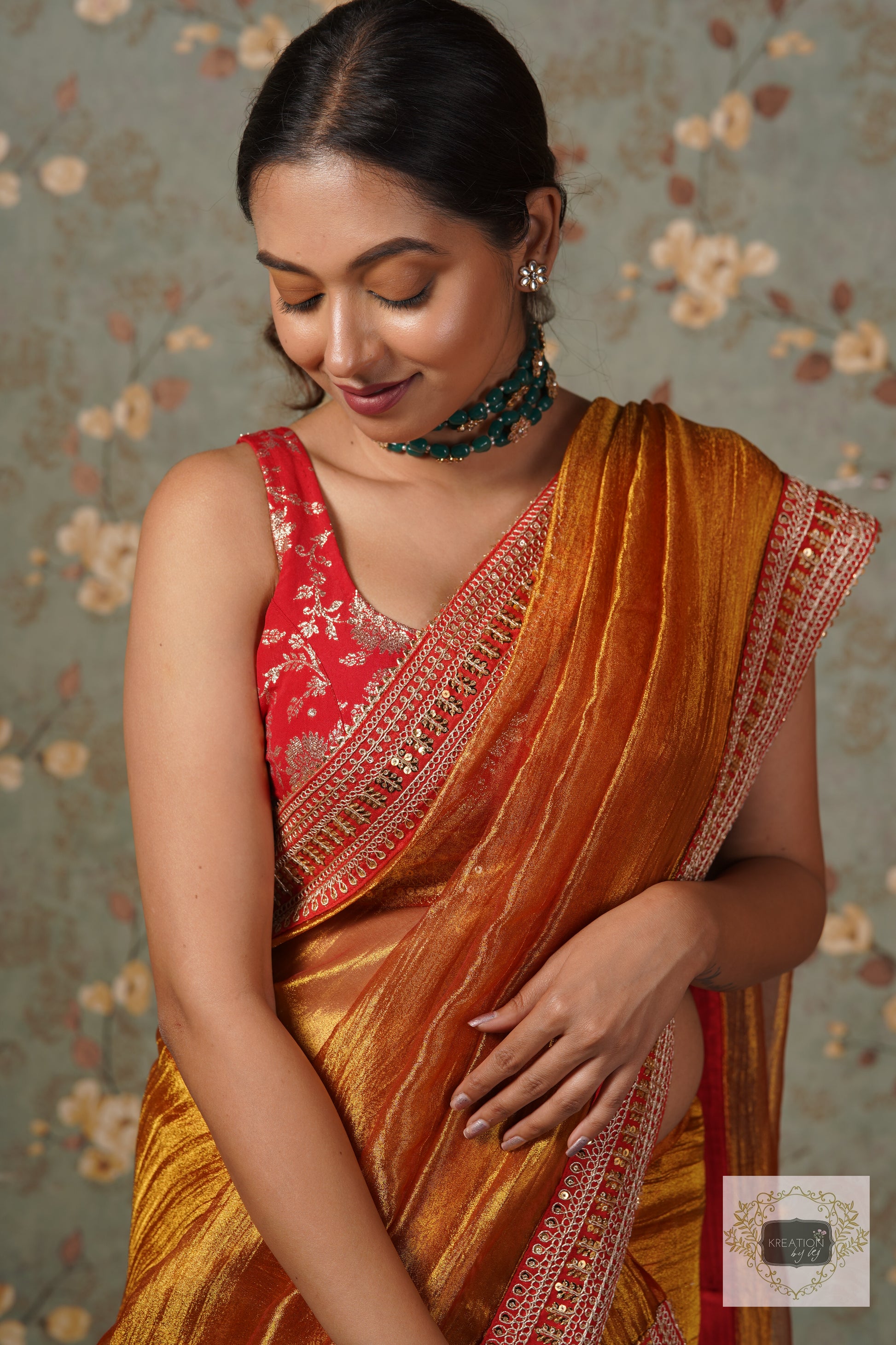 Dark Pastel Red Saree in Tissue Woven Silk - Clothsvilla