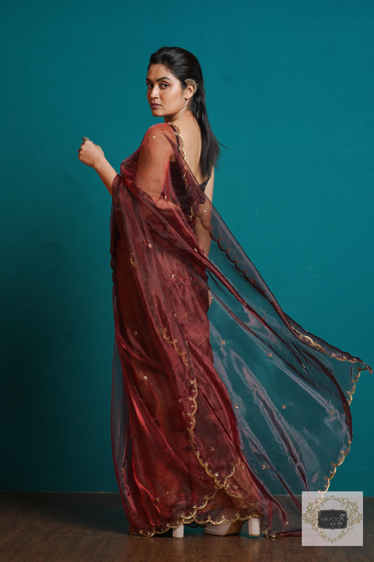 Maroon Glass Tissue  Sequins Piyali Saree