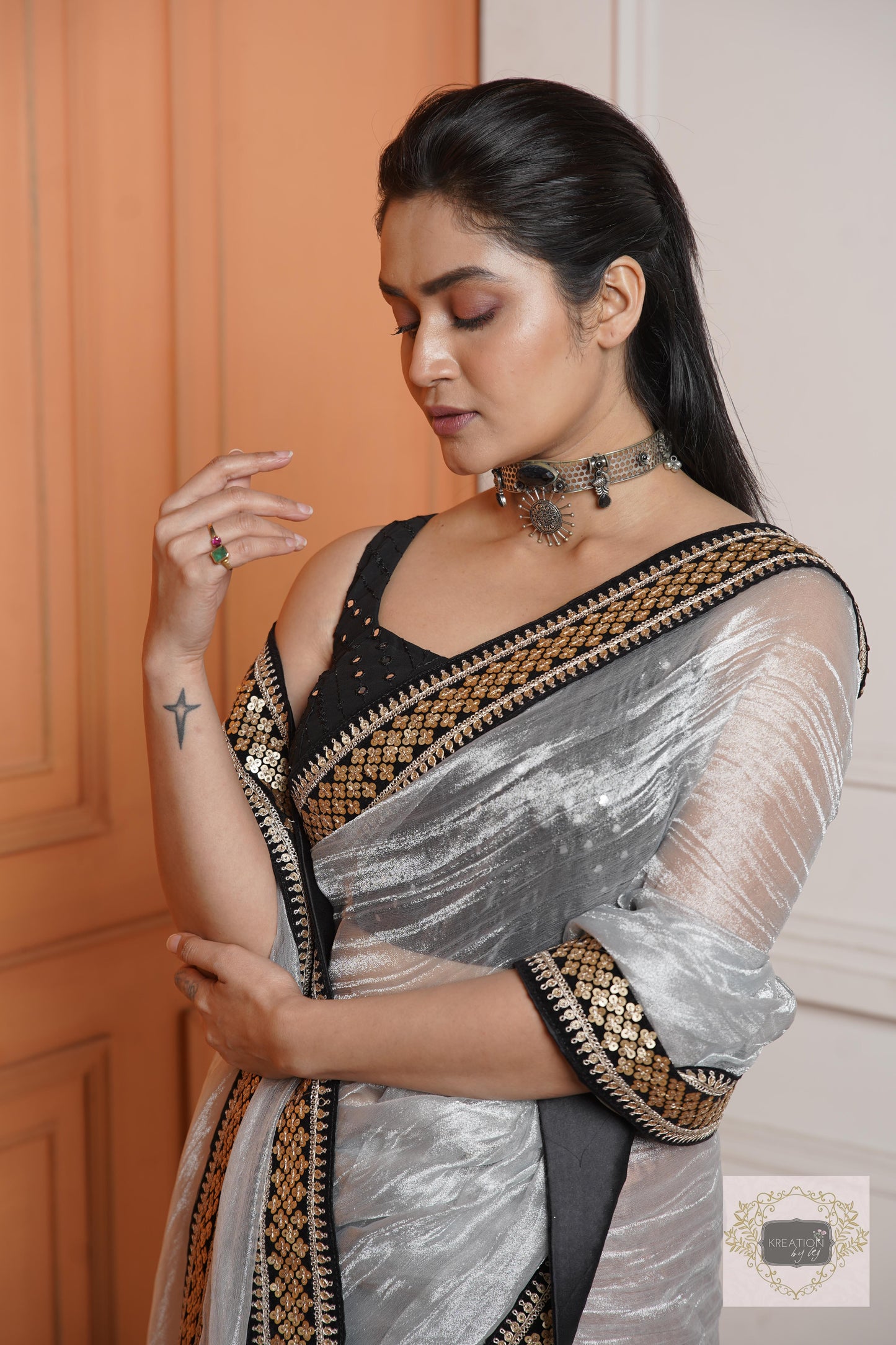 Silver Zari Tissue Saree with Black Border