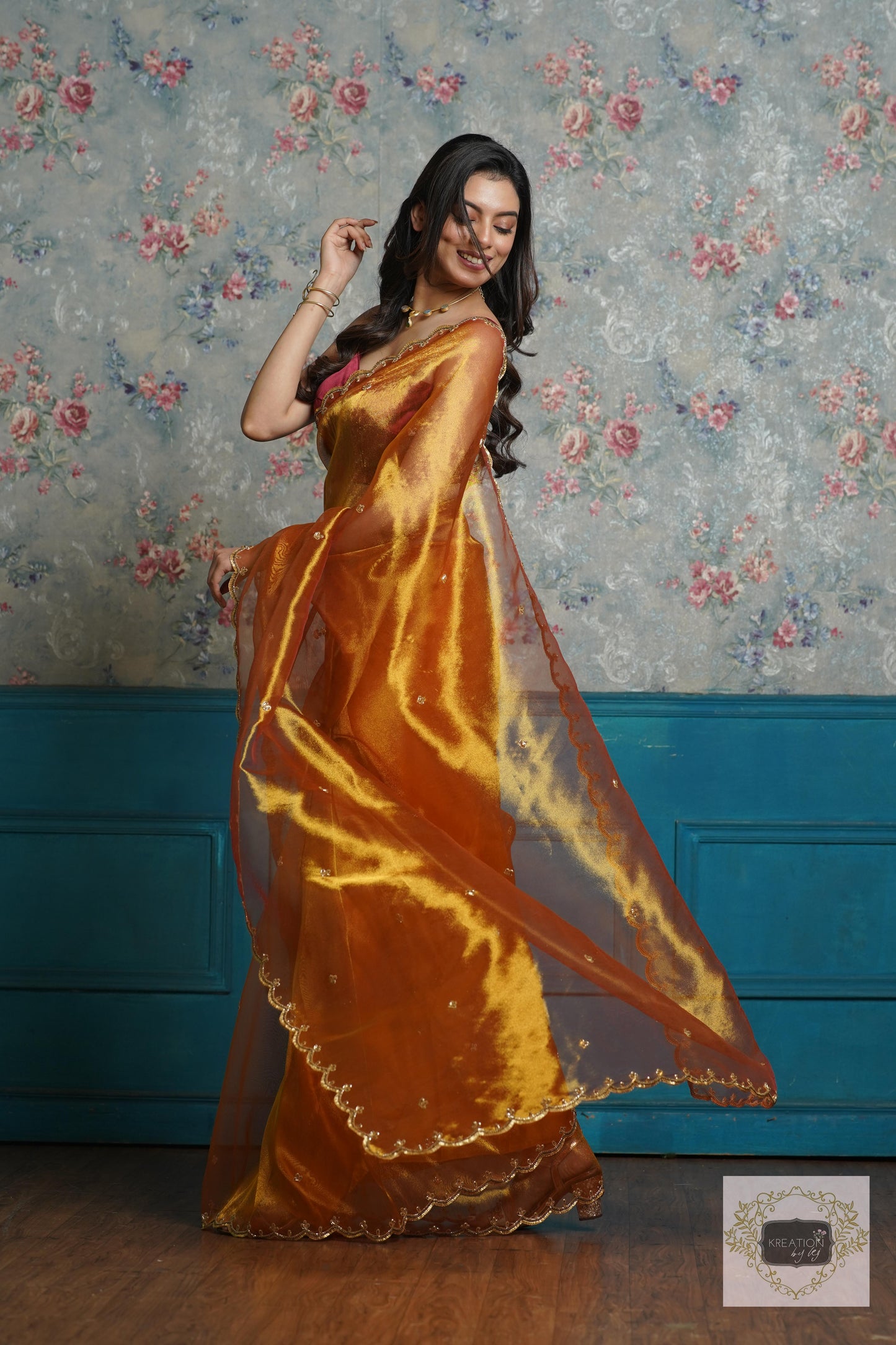 Fiery Gold Zari Tissue Sequins Piyali Saree