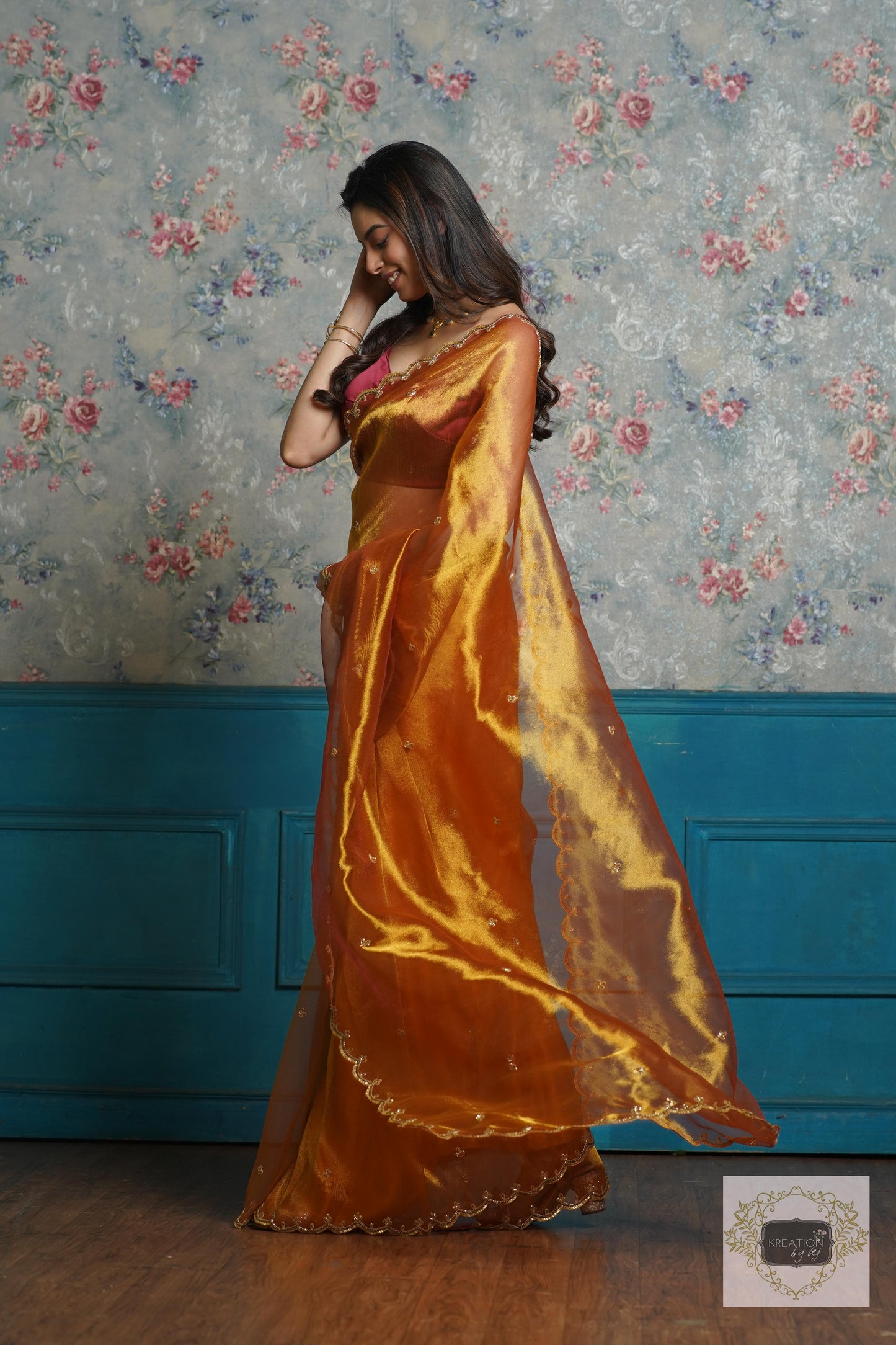 Fiery Gold Zari Tissue Sequins Piyali Saree