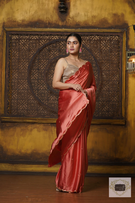Dusty Rose Satin Silk Saree With Handembroidered Scalloping