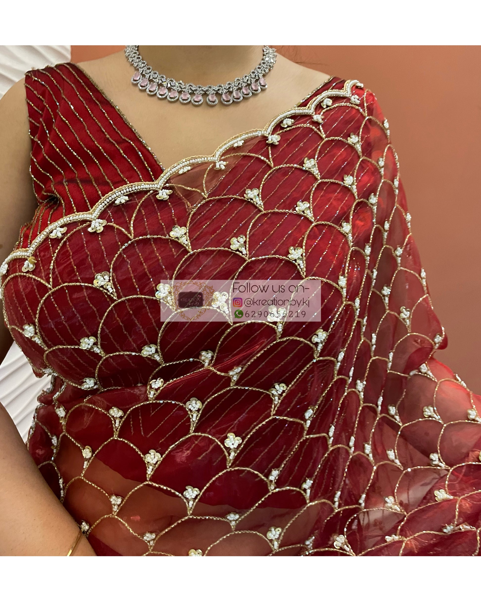 Red Glass Tissue Cutdana Mehraab Saree - kreationbykj