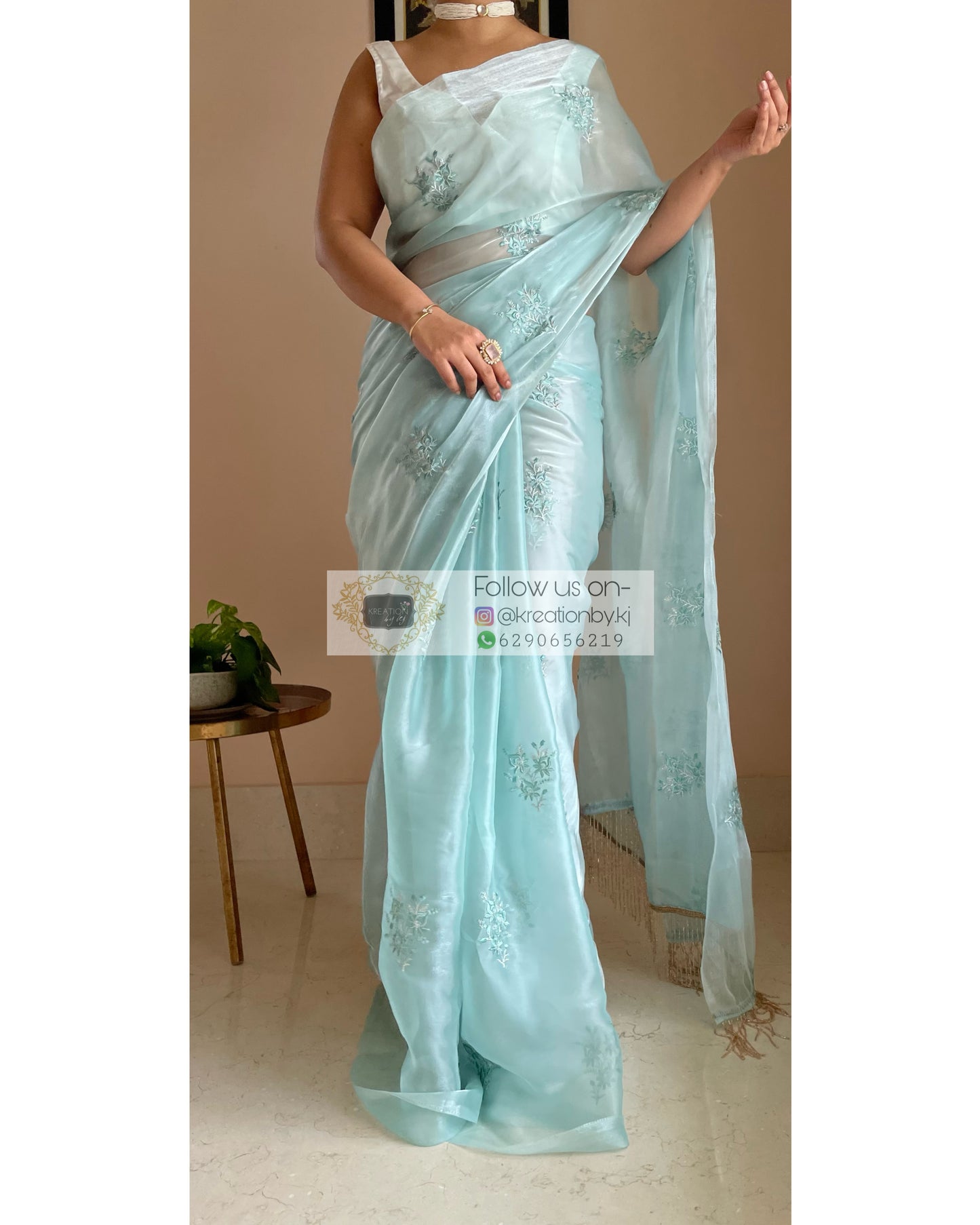 Blue Glass Organza Saree with Embroidery