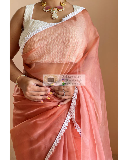 Rust Organza Saree with Pearl Blouse Piece