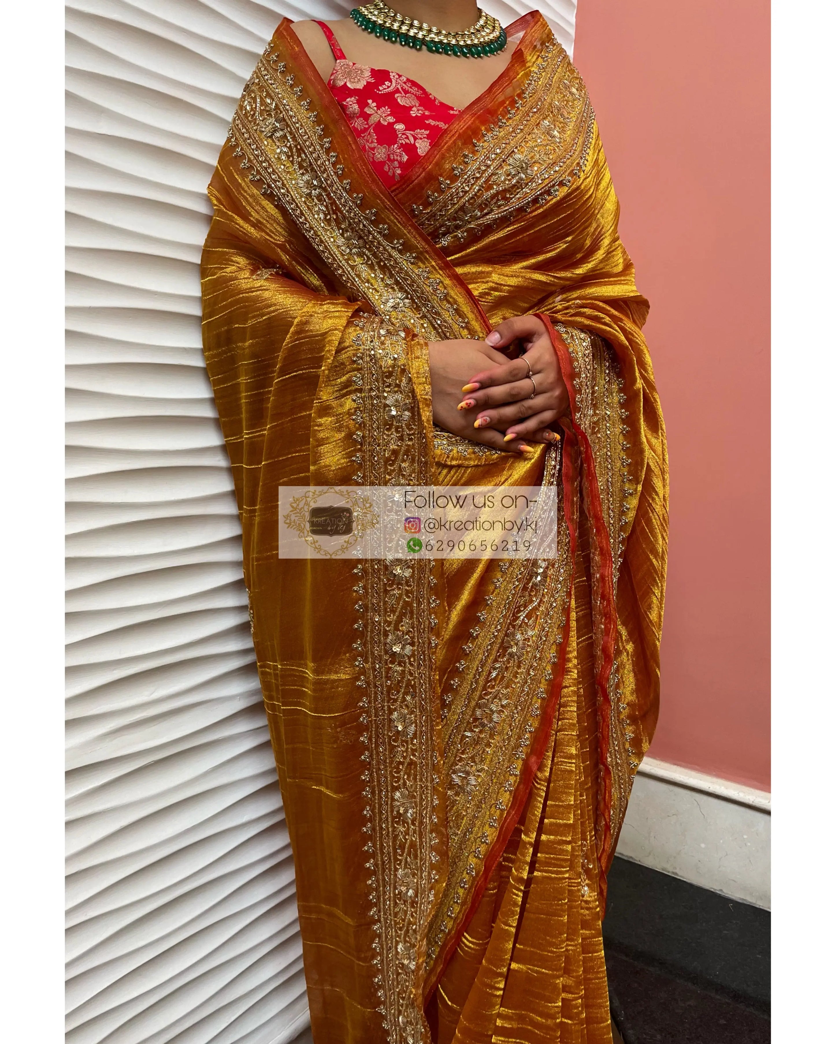 Rose Gold Pure Zari Tissue Saree Set