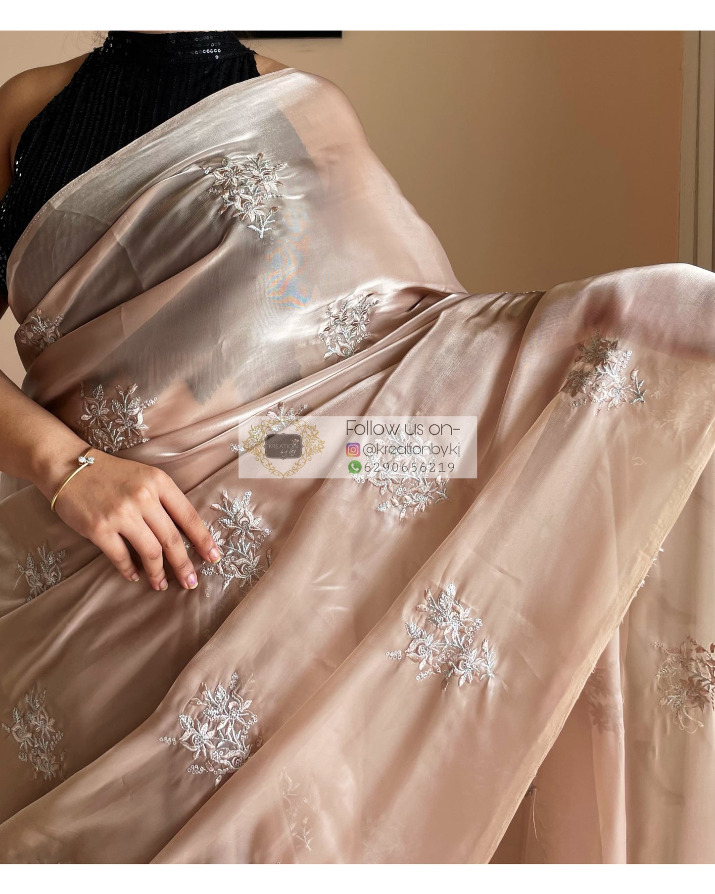 Beige Glass Organza Saree with Embroidery