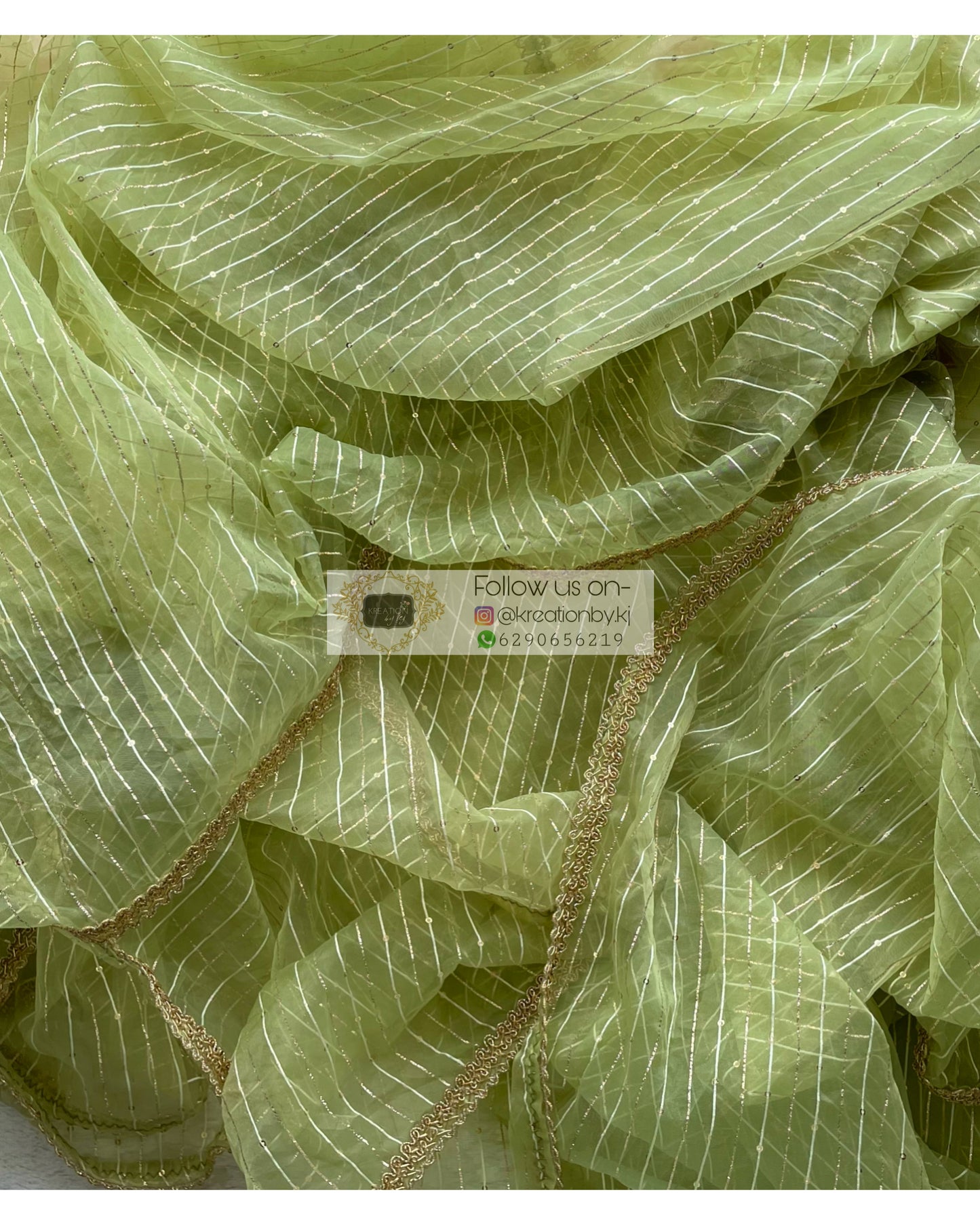 Green Organza Saree with Stripes