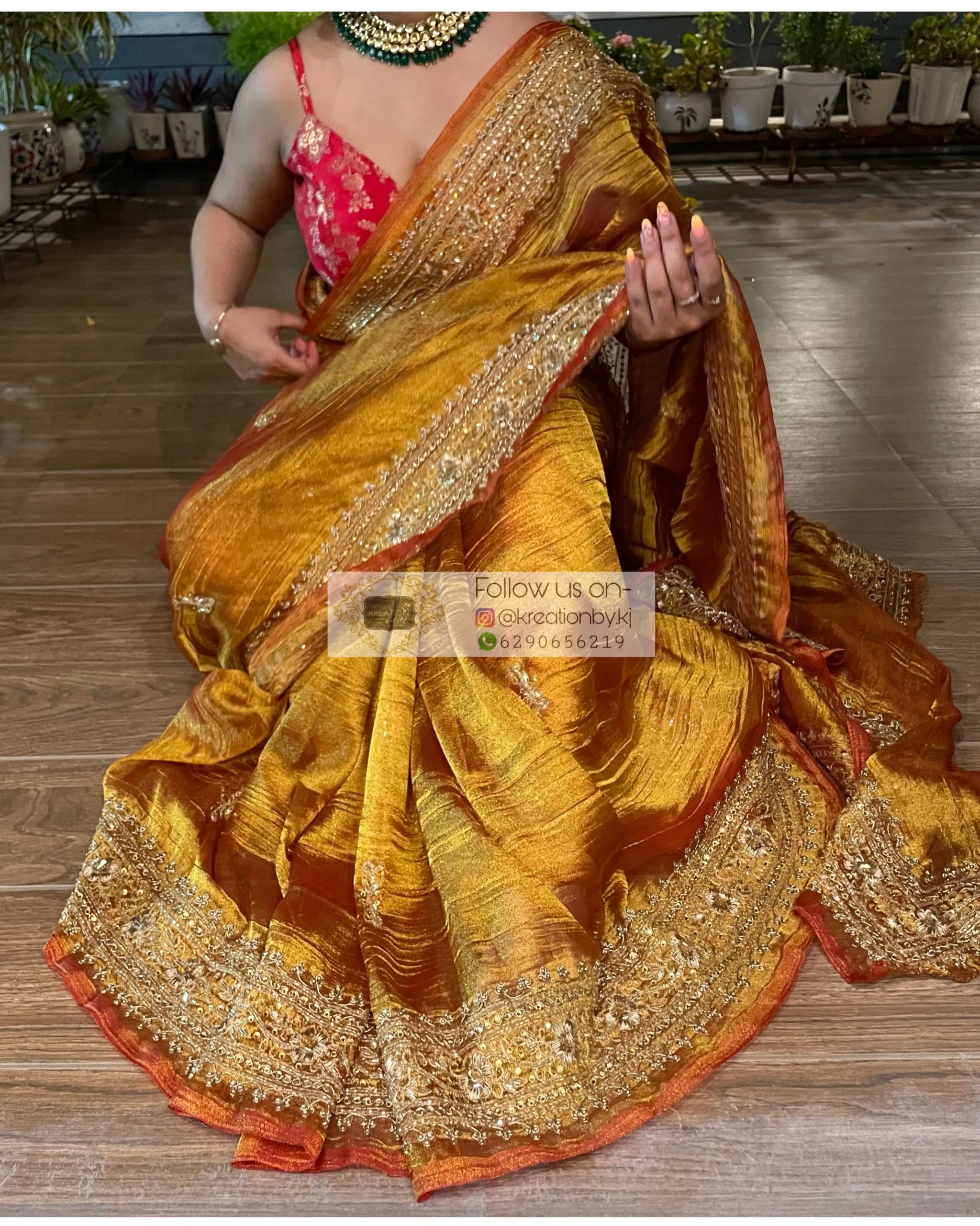 Rose gold 6-yard pure zari tissue sari set