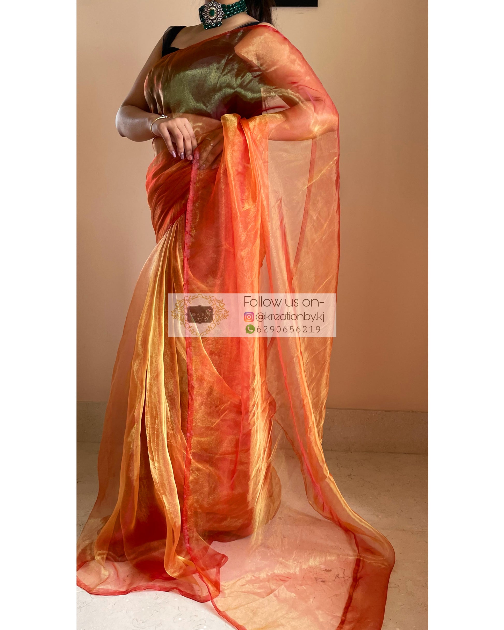 Marigold Glass Tissue Saree - kreationbykj