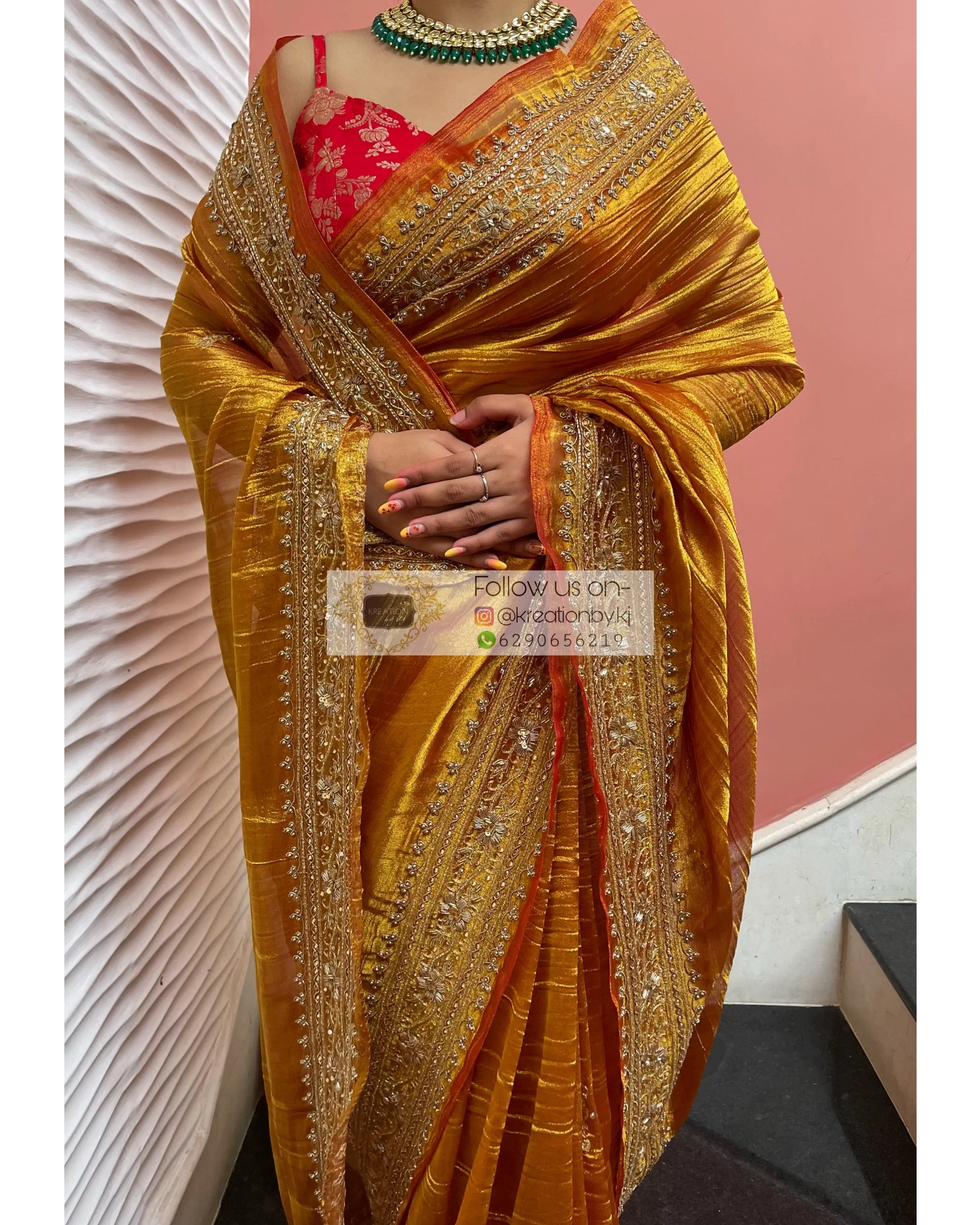 Pearl gold silk zari tissue jacket with skirt