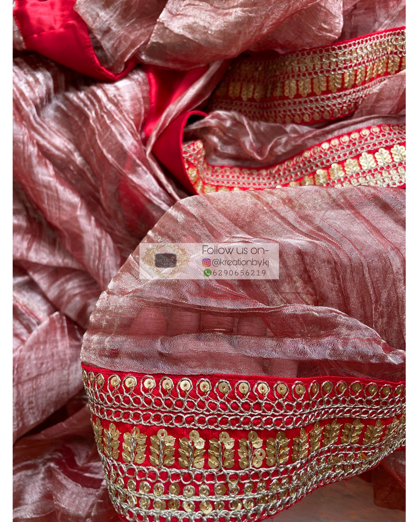 Rose Gold Zari Tissue Saree with Red Border