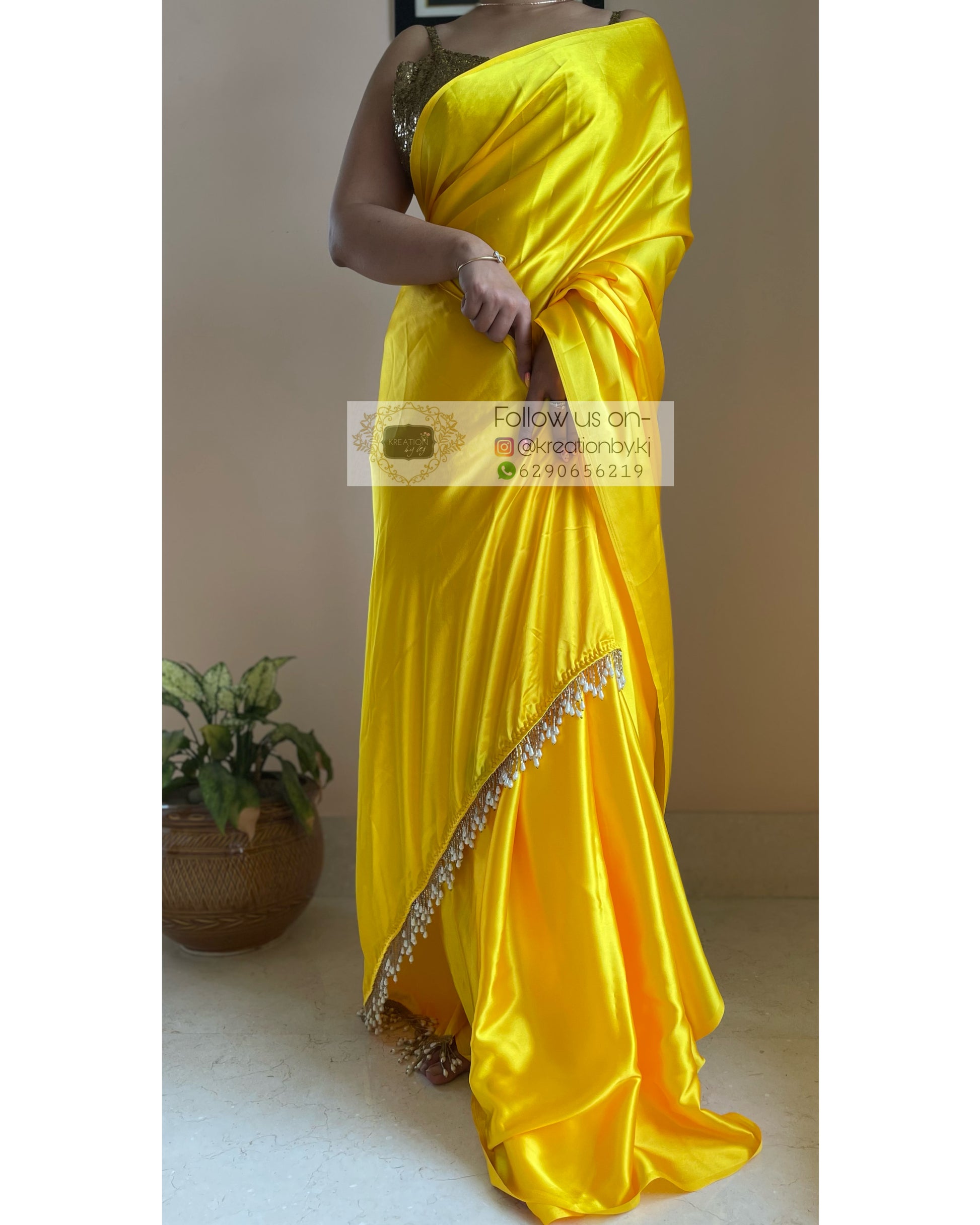 Canary Yellow Satin Silk Saree with Handmade Tassels on Pallu - kreationbykj