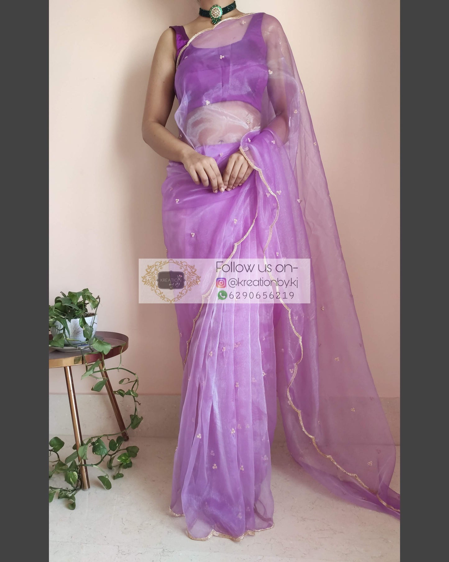Lavender Glass Tissue Saree with scalloping - kreationbykj