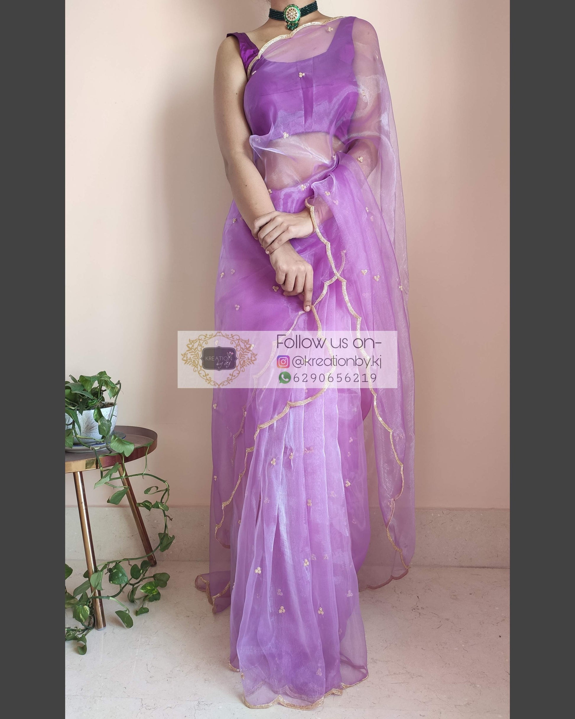 Lavender Glass Tissue Saree with scalloping - kreationbykj