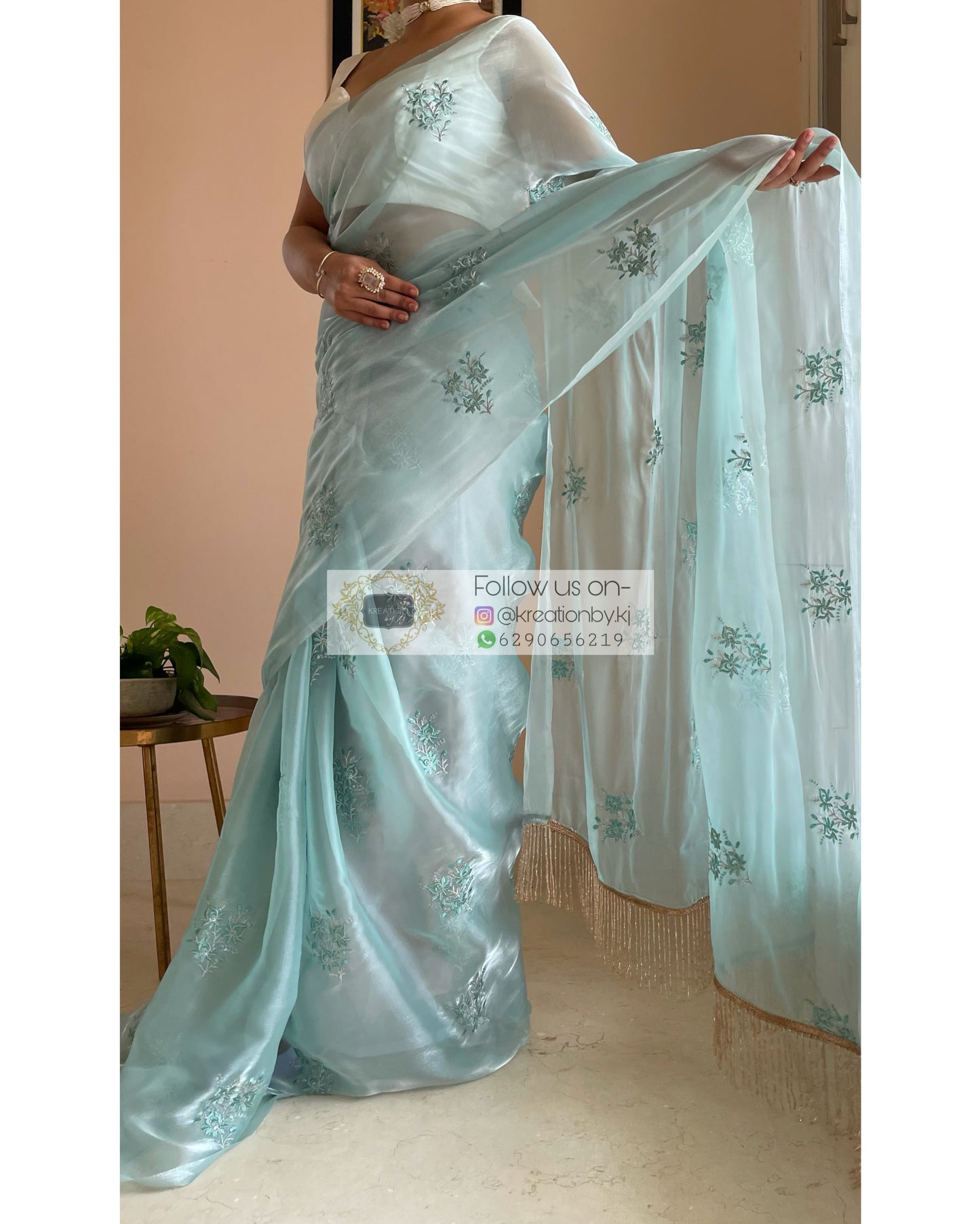 Blue Glass Organza Saree with Embroidery