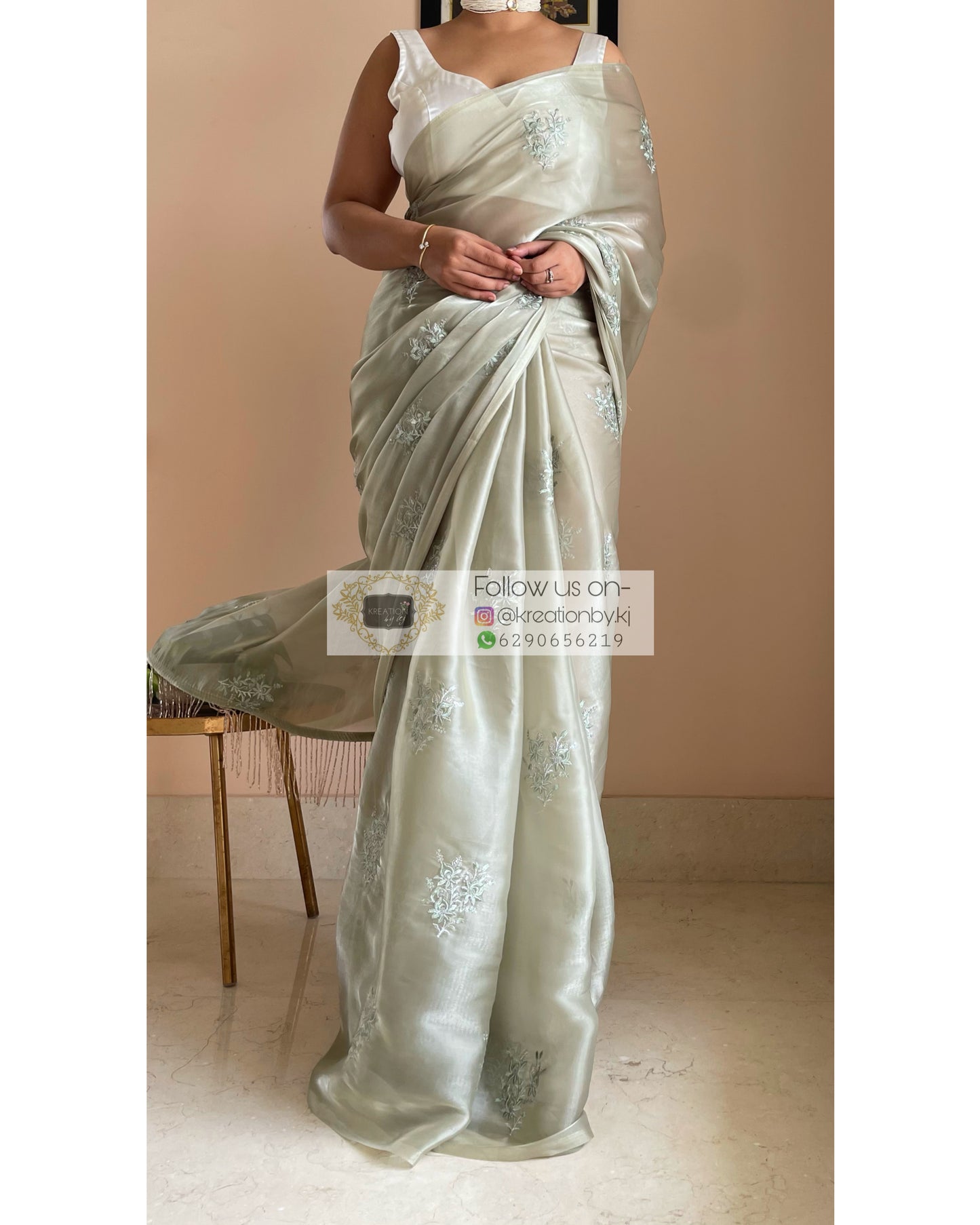 Ash Green Glass Organza Saree with Embroidery