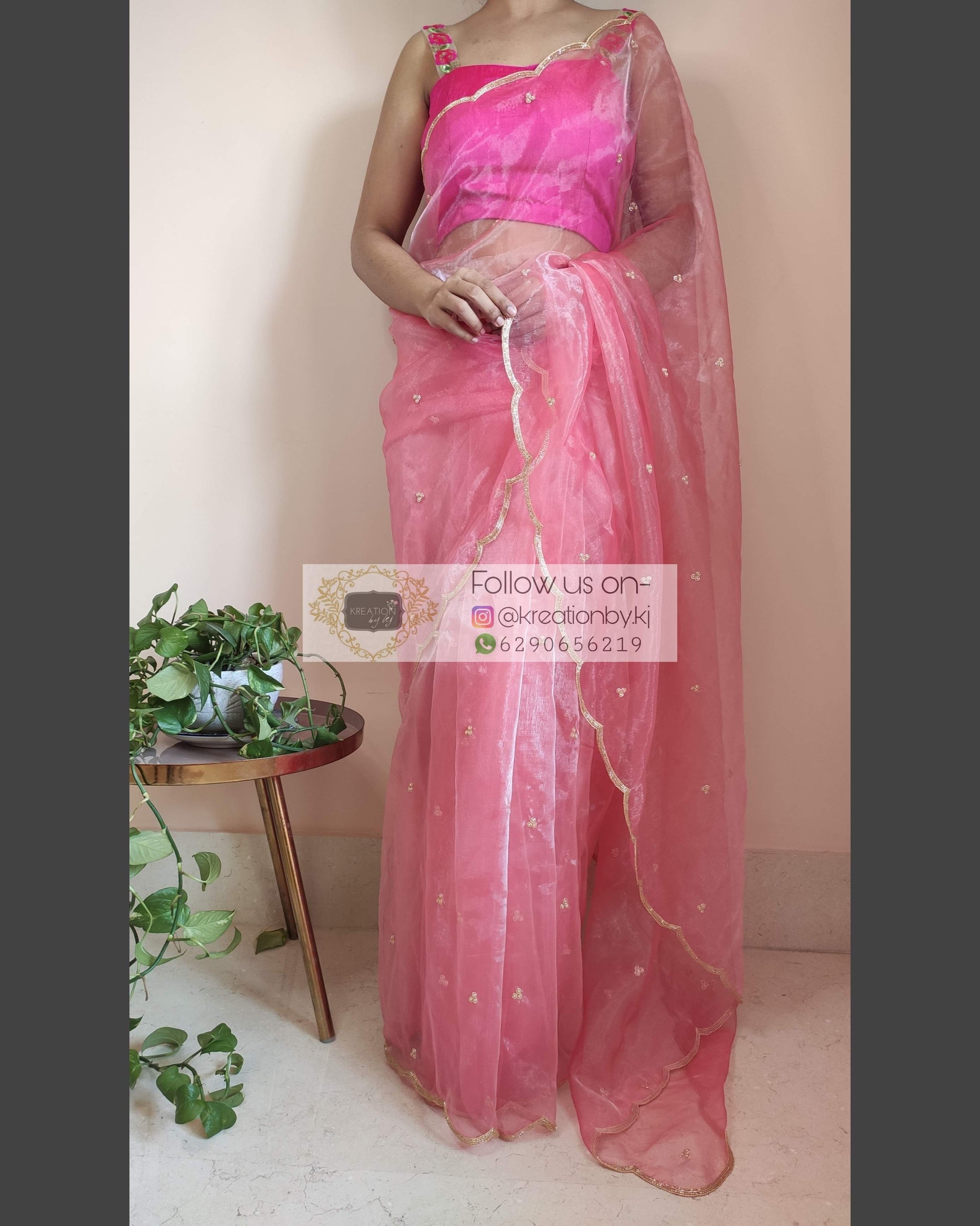 Peach Glass Tissue Saree with scalloping - kreationbykj