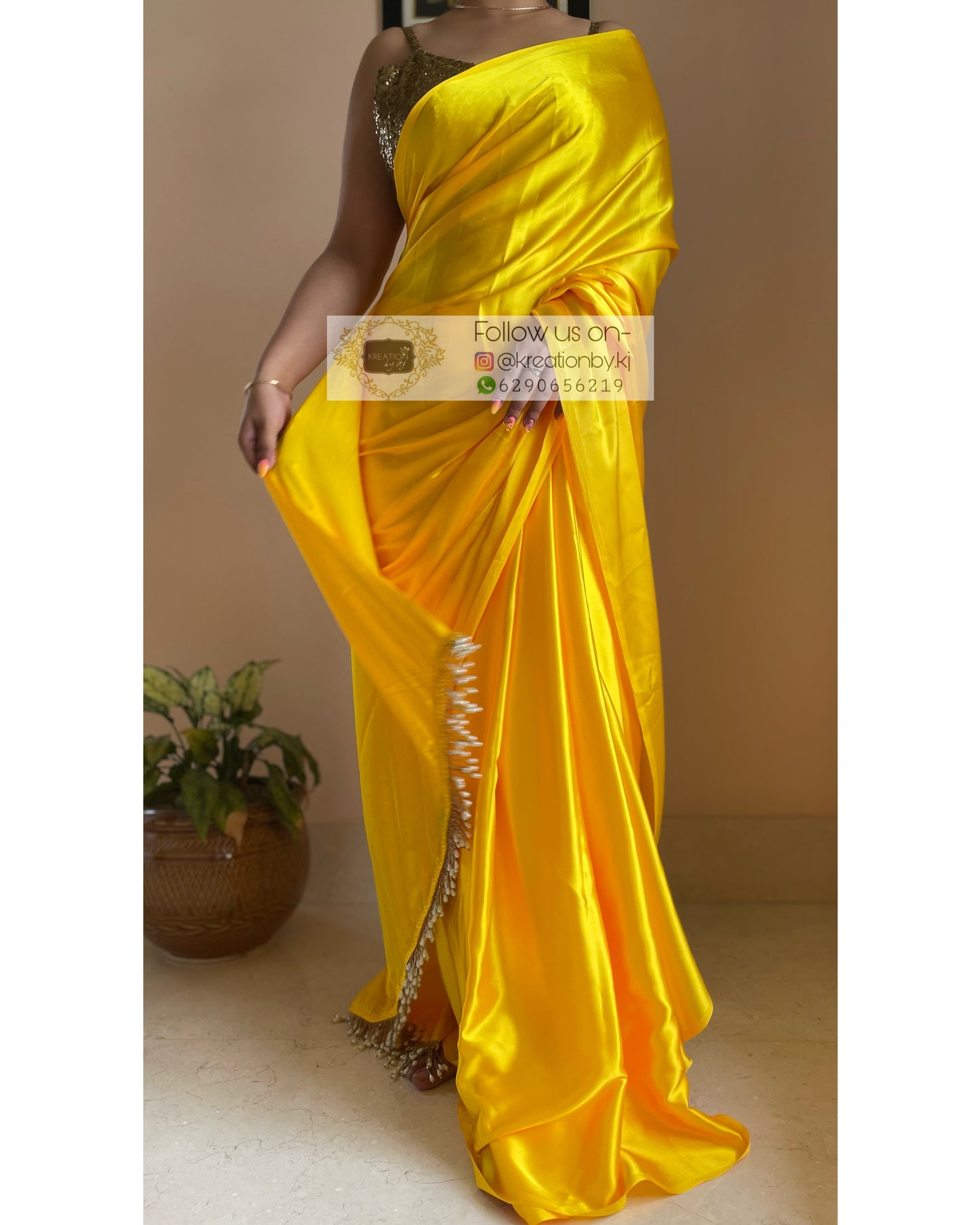 Canary Yellow Satin Silk Saree with Handmade Tassels on Pallu - kreationbykj