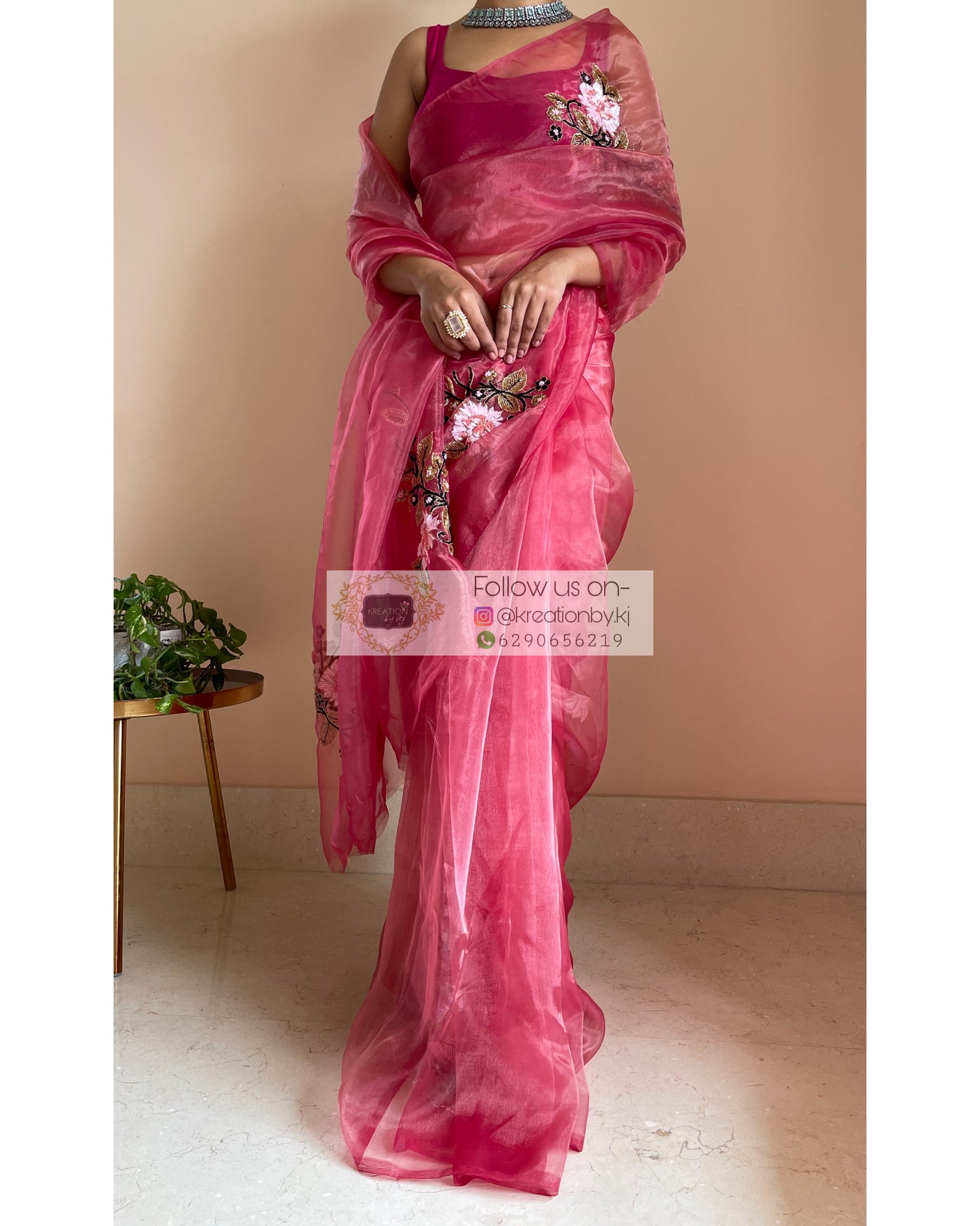 Pink Glass Tissue Saree With Handembroidered Floral Motifs - kreationbykj