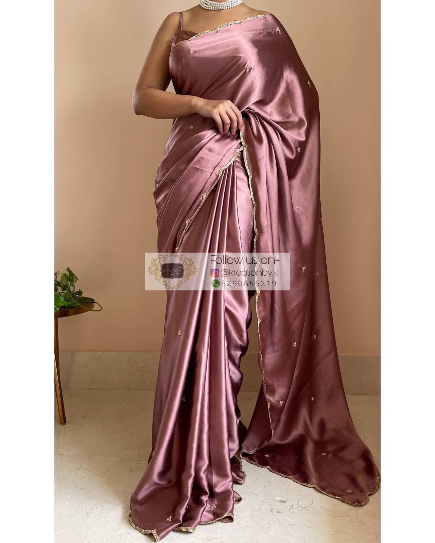 Rose Gold Satin Silk Saree With Handembroidered Scalloping - kreationbykj