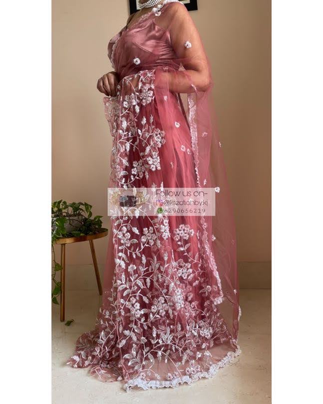 Pink Blossom Net Saree - kreationbykj