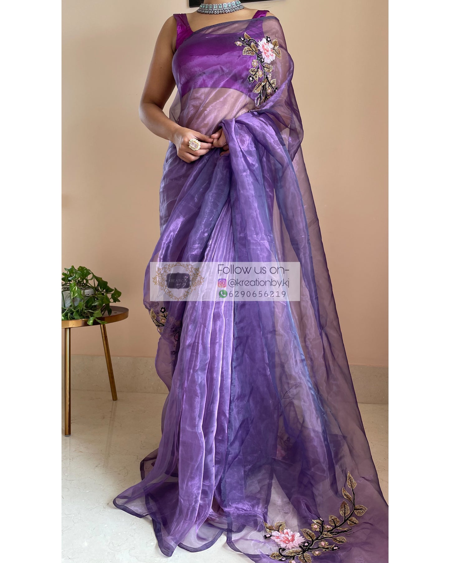 Violet Glass Tissue Saree With Hand Embroidered Floral Motifs - kreationbykj
