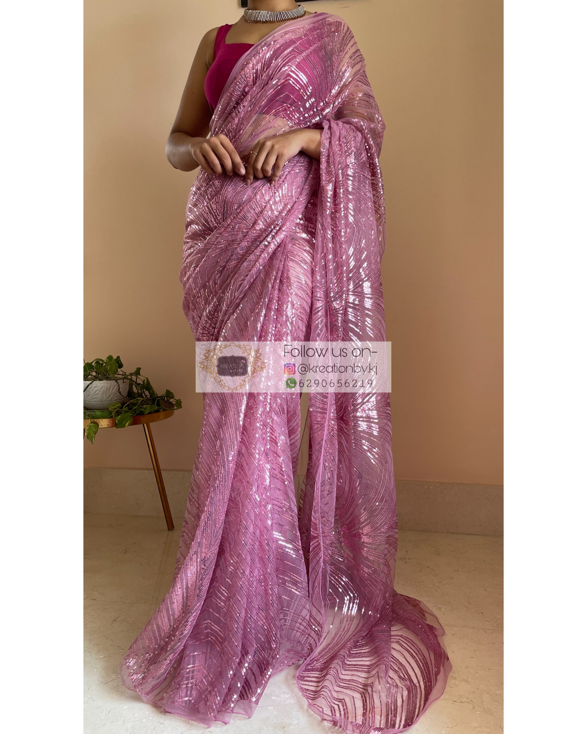 Pink Sequins Embroidered Net Saree - kreationbykj