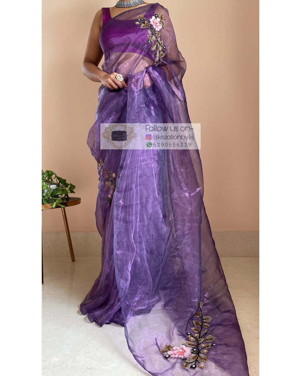 Violet Glass Tissue Saree With Hand Embroidered Floral Motifs
