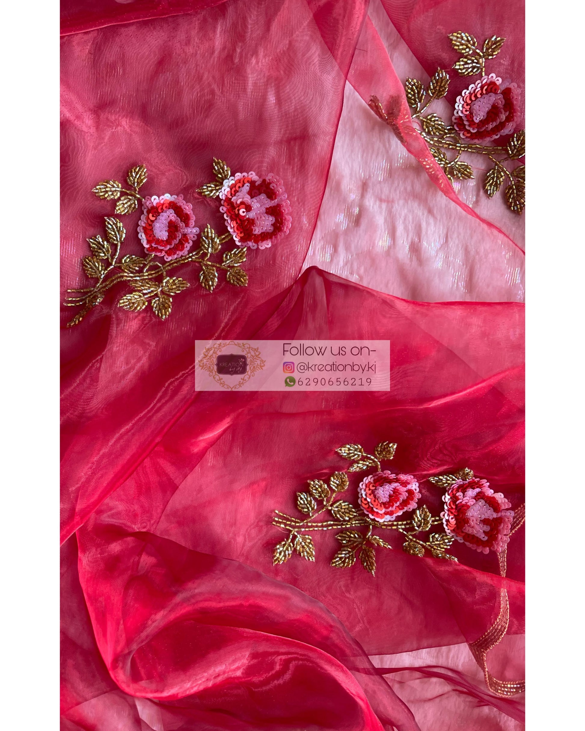 Red Glass Tissue Rose Dupatta - kreationbykj