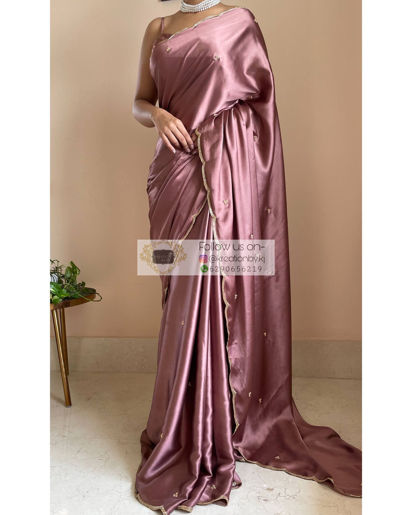 Rose Gold Satin Silk Saree With Handembroidered Scalloping - kreationbykj