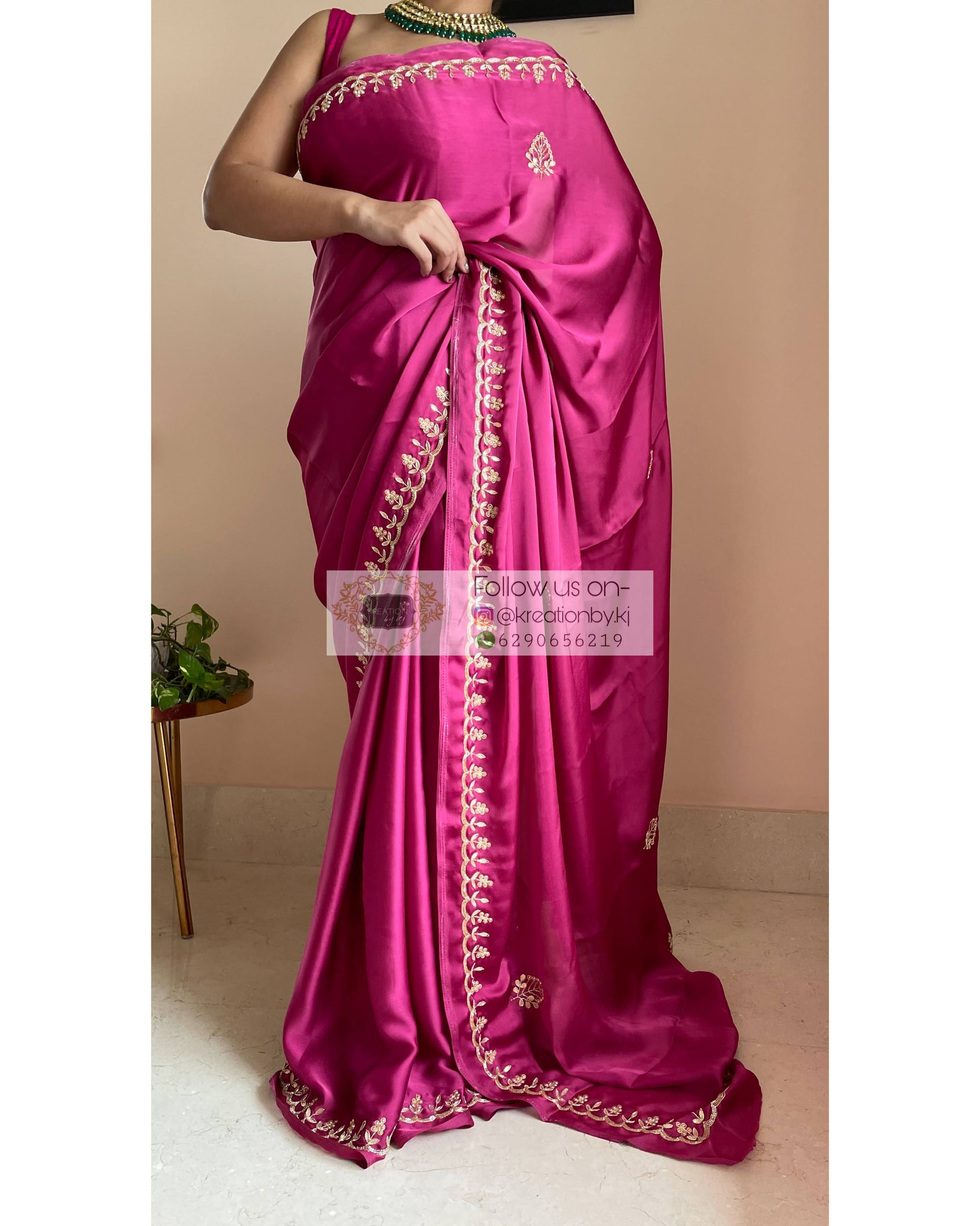 Pink Crepe Silk Saree With Gota Patti Border – kreationbykj