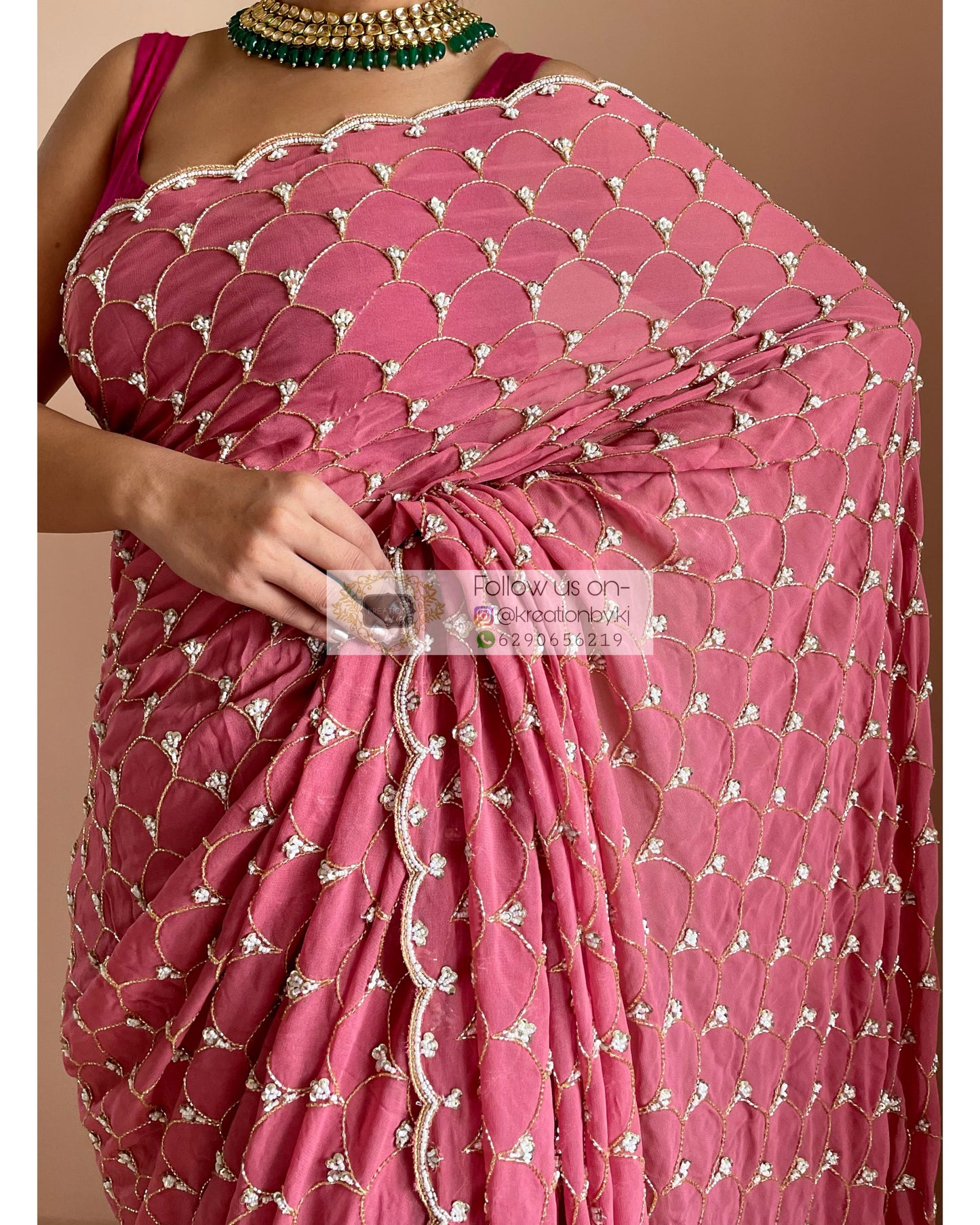 Pink Mehraab Cutdana Jaal Saree - kreationbykj