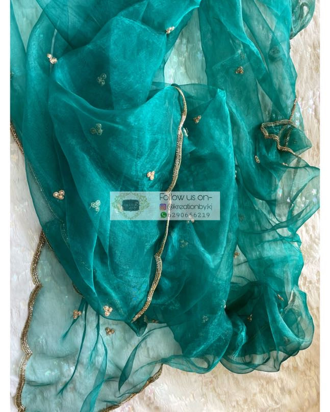 Teal Blue Glass Tissue Dupatta With Scallops - kreationbykj