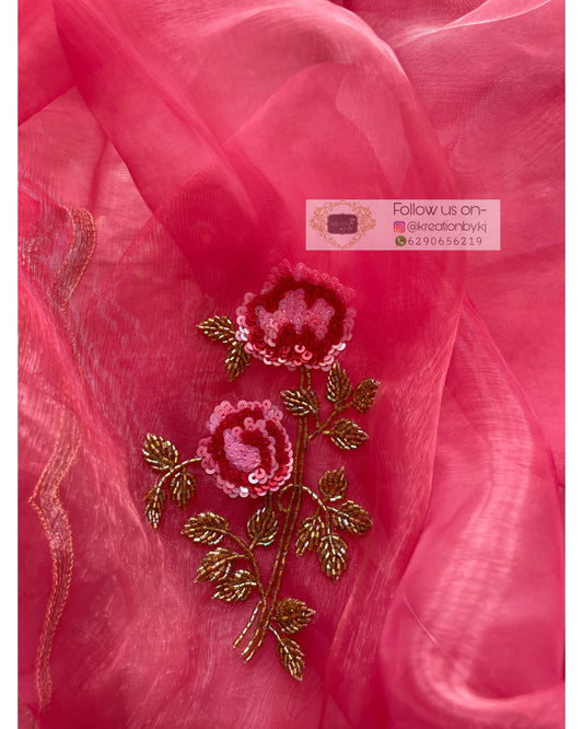 Pink Glass Tissue Rose Dupatta - kreationbykj