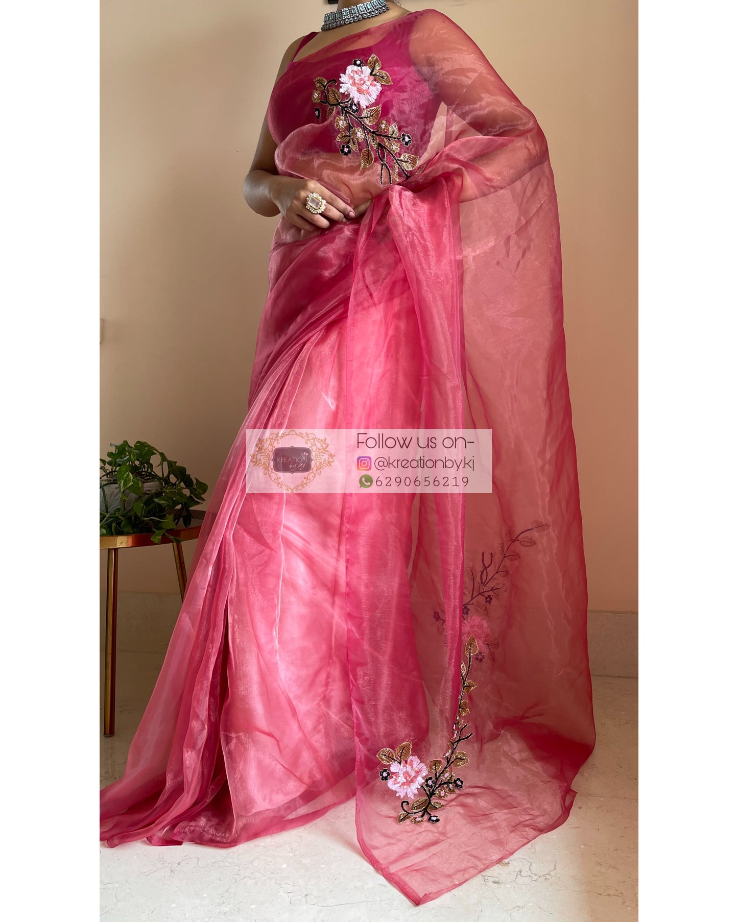 Pink Glass Tissue Saree With Handembroidered Floral Motifs - kreationbykj