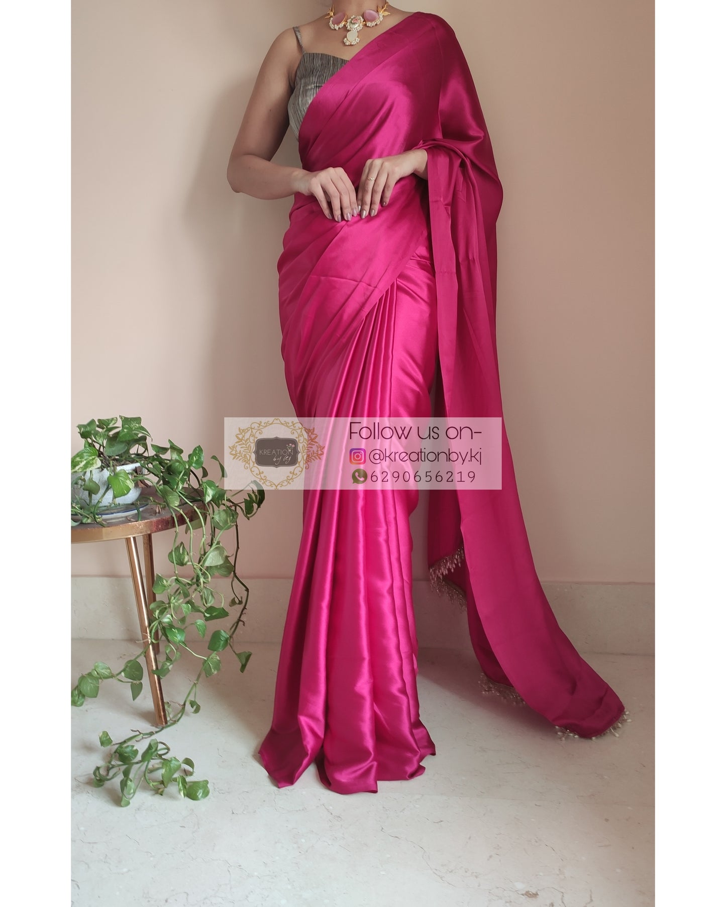 Hot Pink Satin Silk Saree With Handmade Tassels On Pallu - kreationbykj