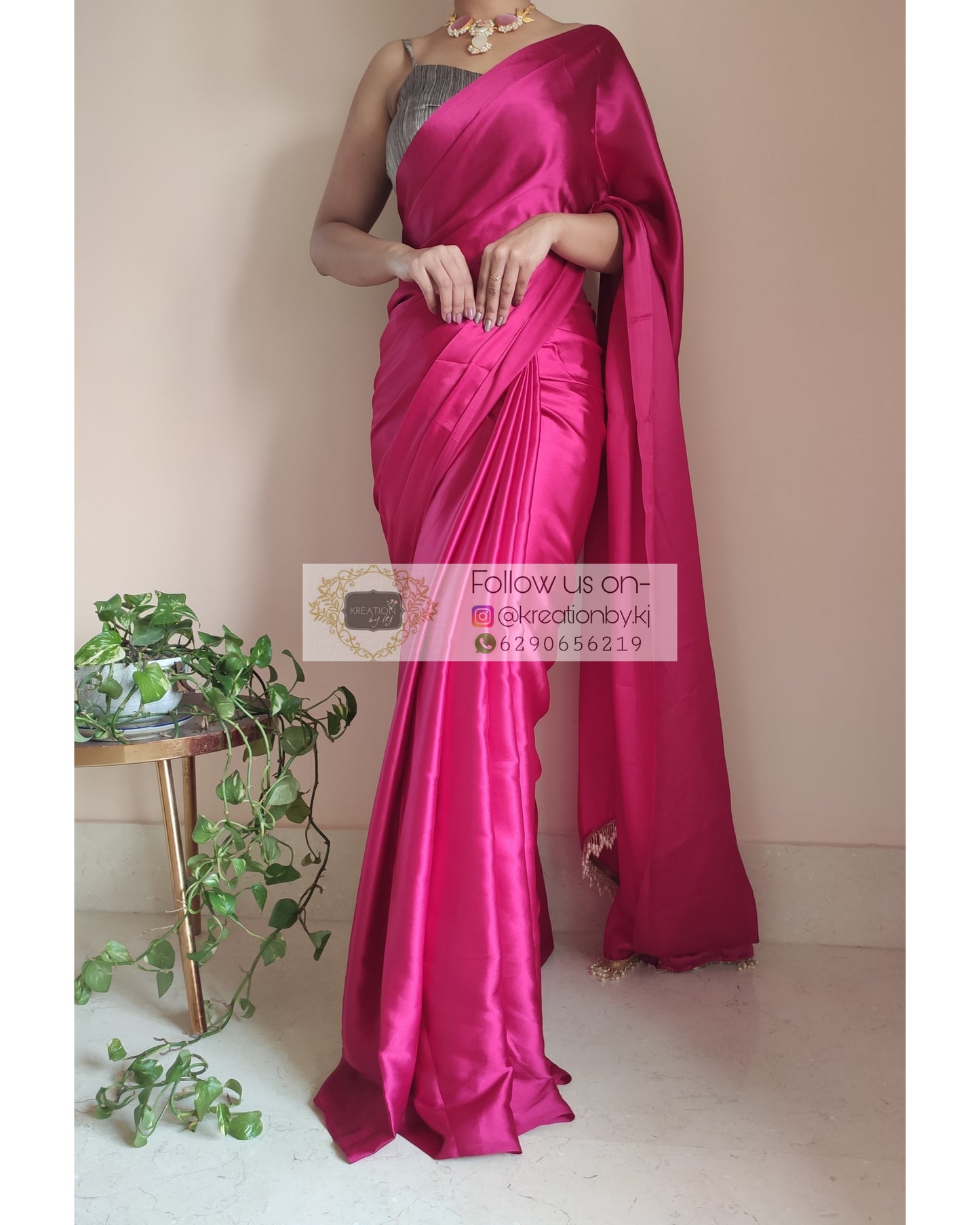 Hot Pink Satin Silk Saree With Handmade Tassels On Pallu - kreationbykj