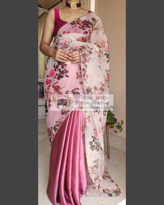 Pink Floral Organza And Satin Saree - kreationbykj