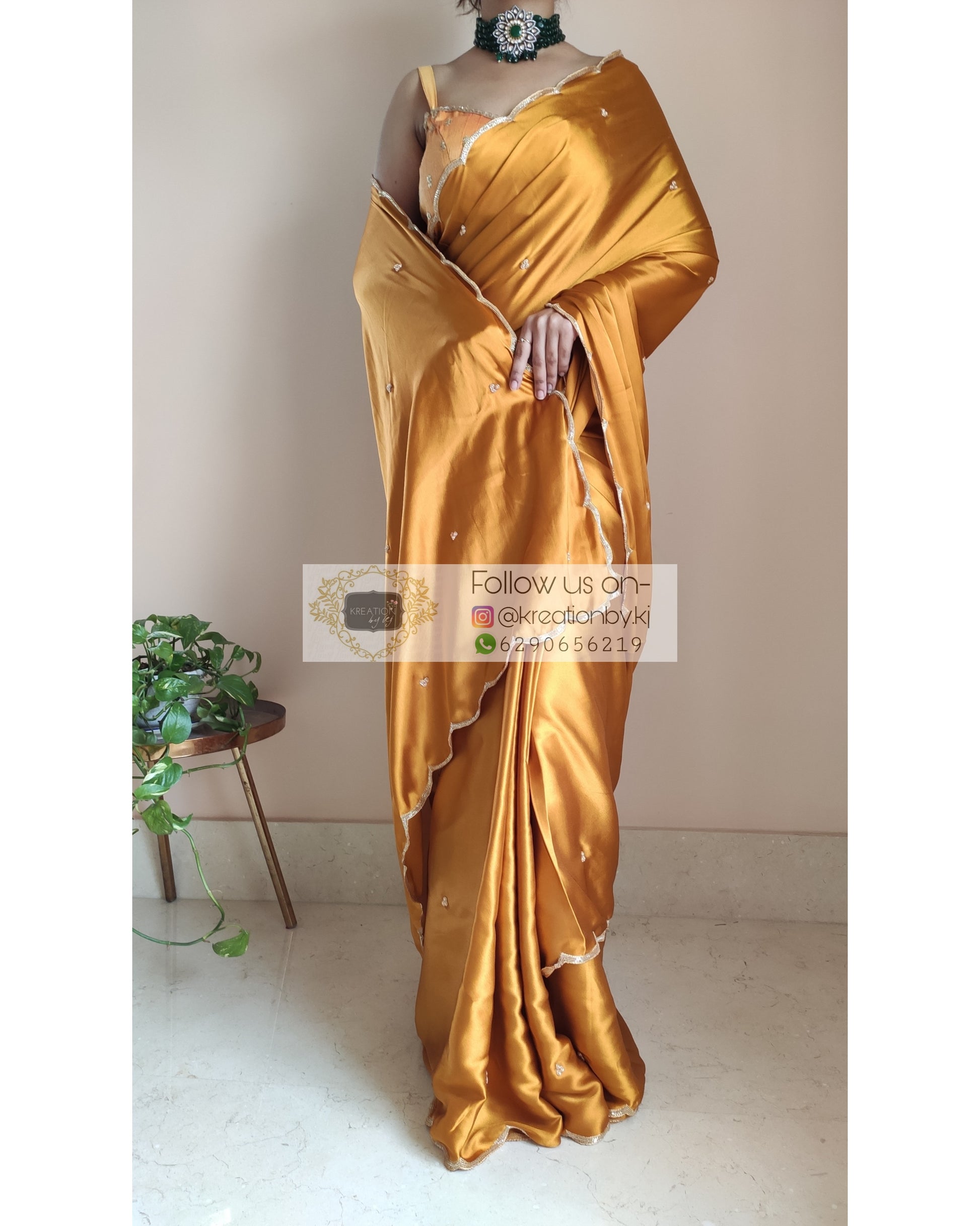Golden Yellow Satin Silk Saree With Handembroidered Scalloping - kreationbykj