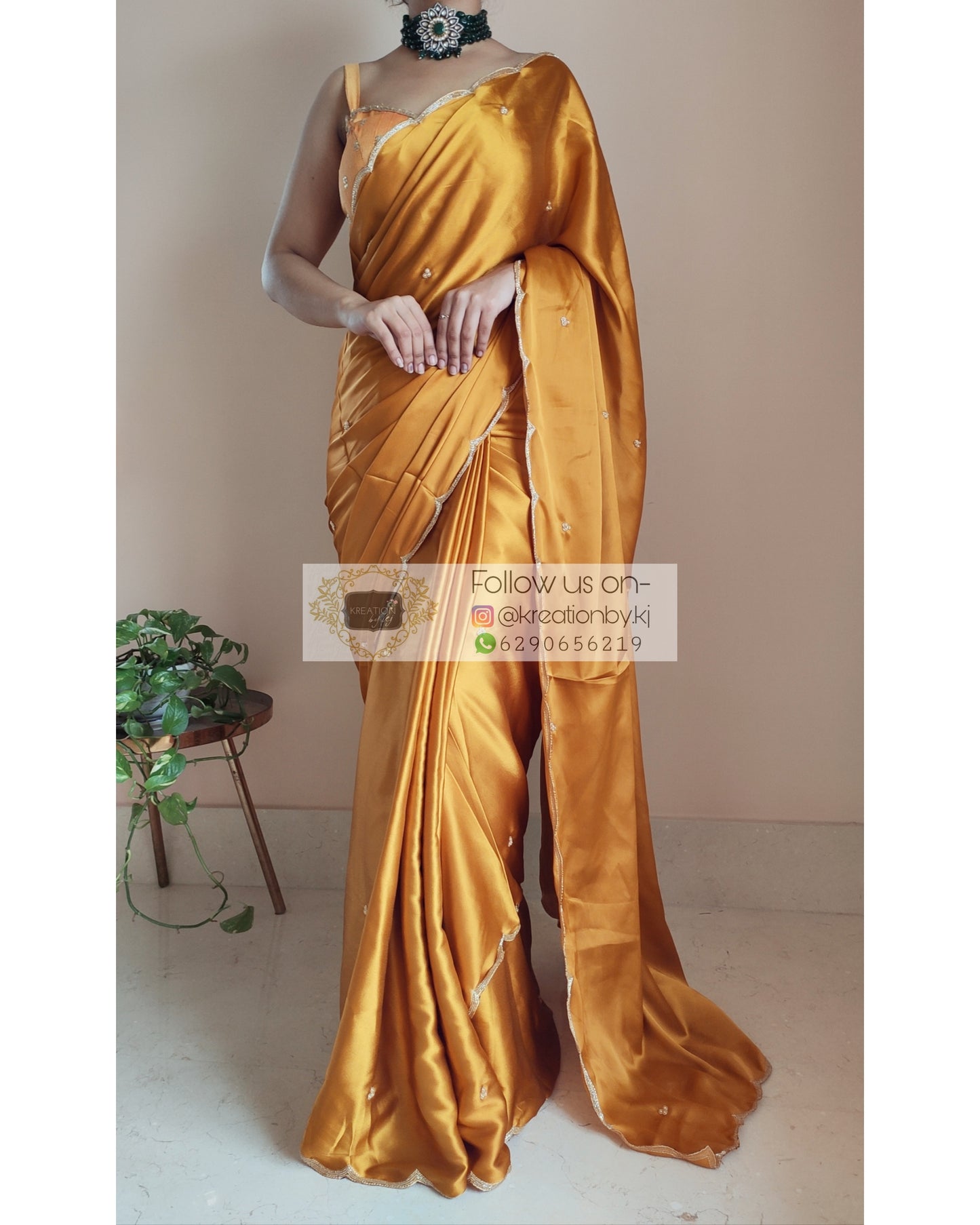 Golden Yellow Satin Silk Saree With Handembroidered Scalloping - kreationbykj